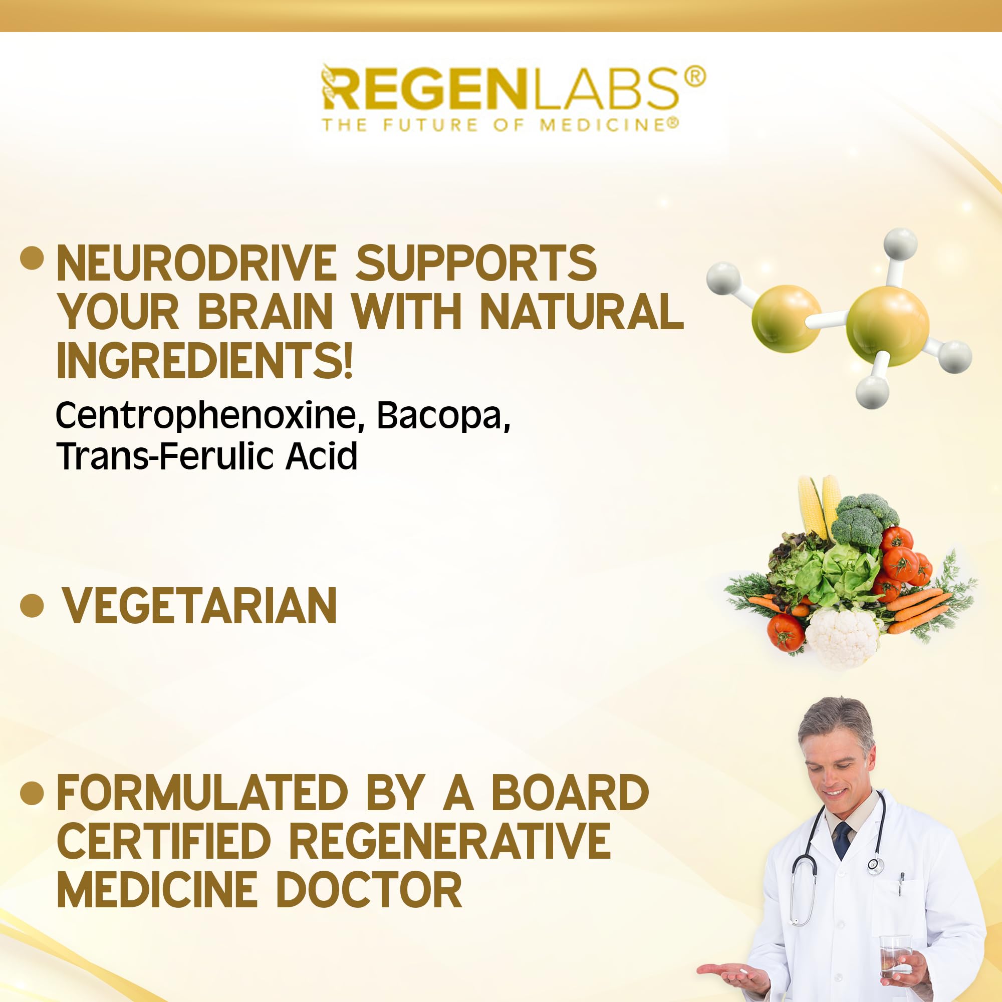 Regen Labs NeuroDrive Memory & Focus Supplement - Boost Brain Focus, Mental Health & Brain Fog | Natural Doctor Approved - Brain Nootropic, Phosphatidylserine, Centrophenoxine, Bacopa - 90 Capsules - TrustMedUSA