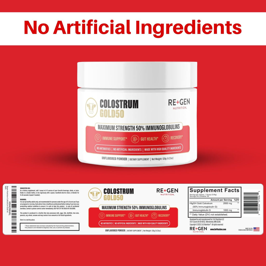 Re+Gen Nutrition Colostrum Gold 50 Bovine Colostrum Powder for Gut Health, Immune Support & Muscle Recovery – 50% IgG Concentration, Grass Fed, Gluten Free, No Artificial Ingredients - TrustMedUSA