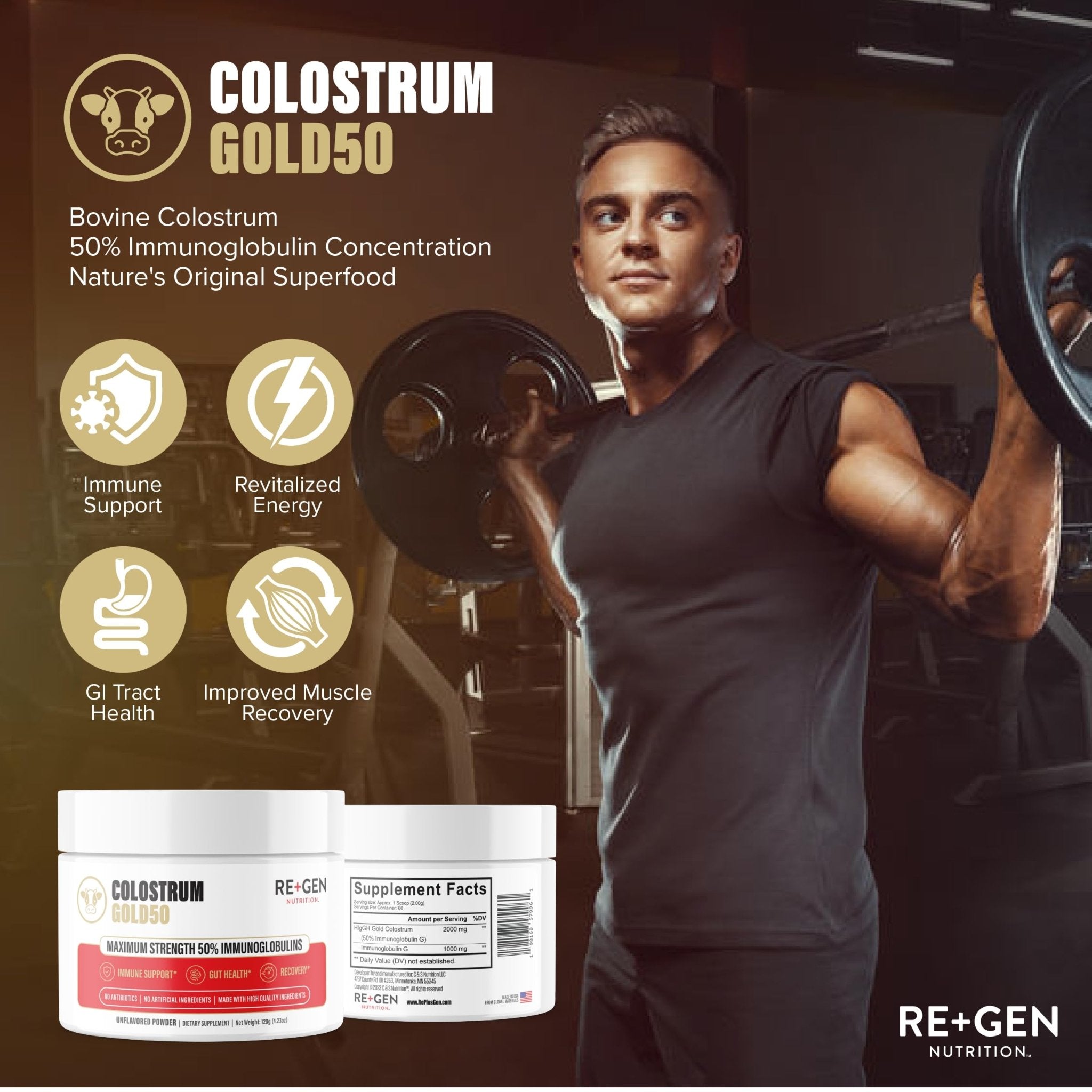 Re+Gen Nutrition Colostrum Gold 50 Bovine Colostrum Powder for Gut Health, Immune Support & Muscle Recovery – 50% IgG Concentration, Grass Fed, Gluten Free, No Artificial Ingredients - TrustMedUSA