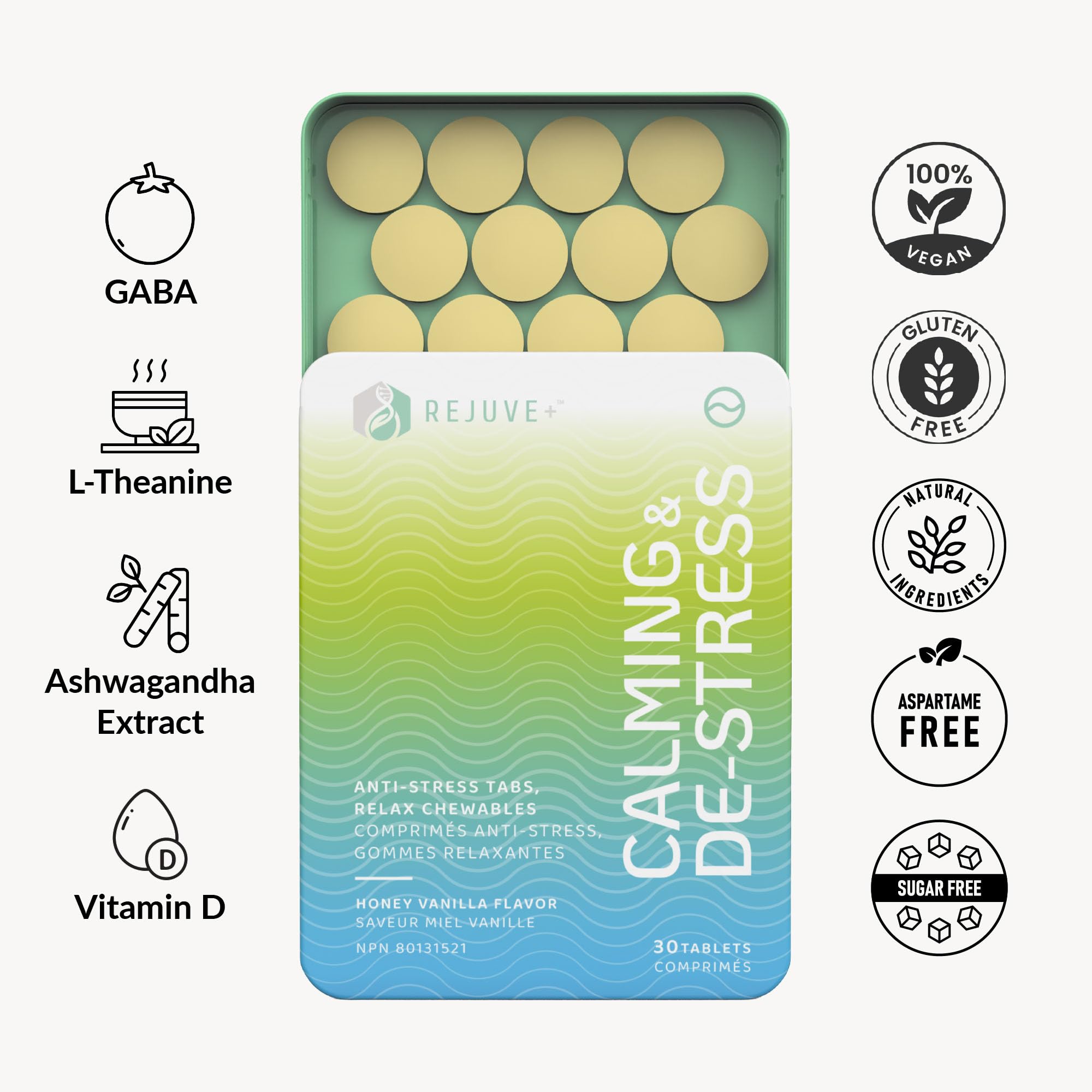 REJUVE+ Calm & Destress Nootropic Supplement – Brain Boost | L-Theanine, GABA, Ashwagandha, Vitamin D | Natural Stress Relief & Relaxation | Sleep Enhancer | Mood Enhancer | Honey Vanilla Flavor (1) - TrustMedUSA