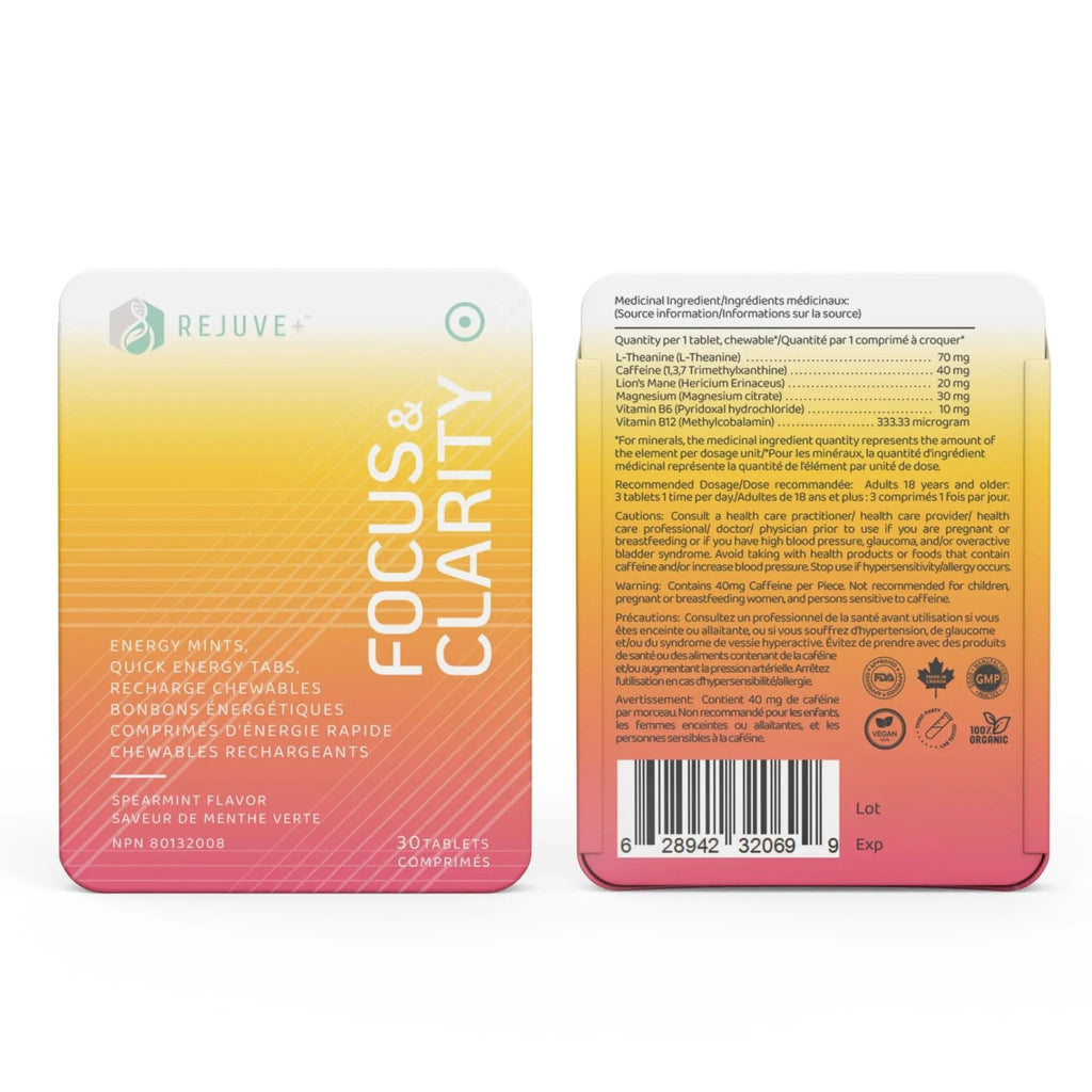 REJUVE+ Focus & Clarity Nootropic Supplement – Brian Boost | L-Theanine, Caffeine, Lion’s Mane, Magnesium, Vitamin B6 & B12 | Brain Support, Memory, Focus & Energy | Mint Flavor (30 Chewables) (1) - TrustMedUSA