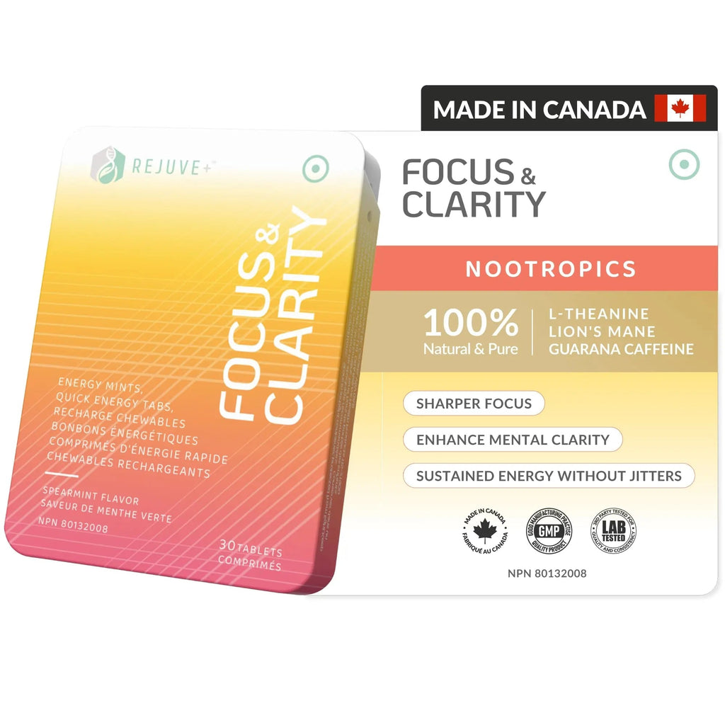 REJUVE+ Focus & Clarity Nootropic Supplement – Brian Boost | L-Theanine, Caffeine, Lion’s Mane, Magnesium, Vitamin B6 & B12 | Brain Support, Memory, Focus & Energy | Mint Flavor (30 Chewables) (1) - TrustMedUSA