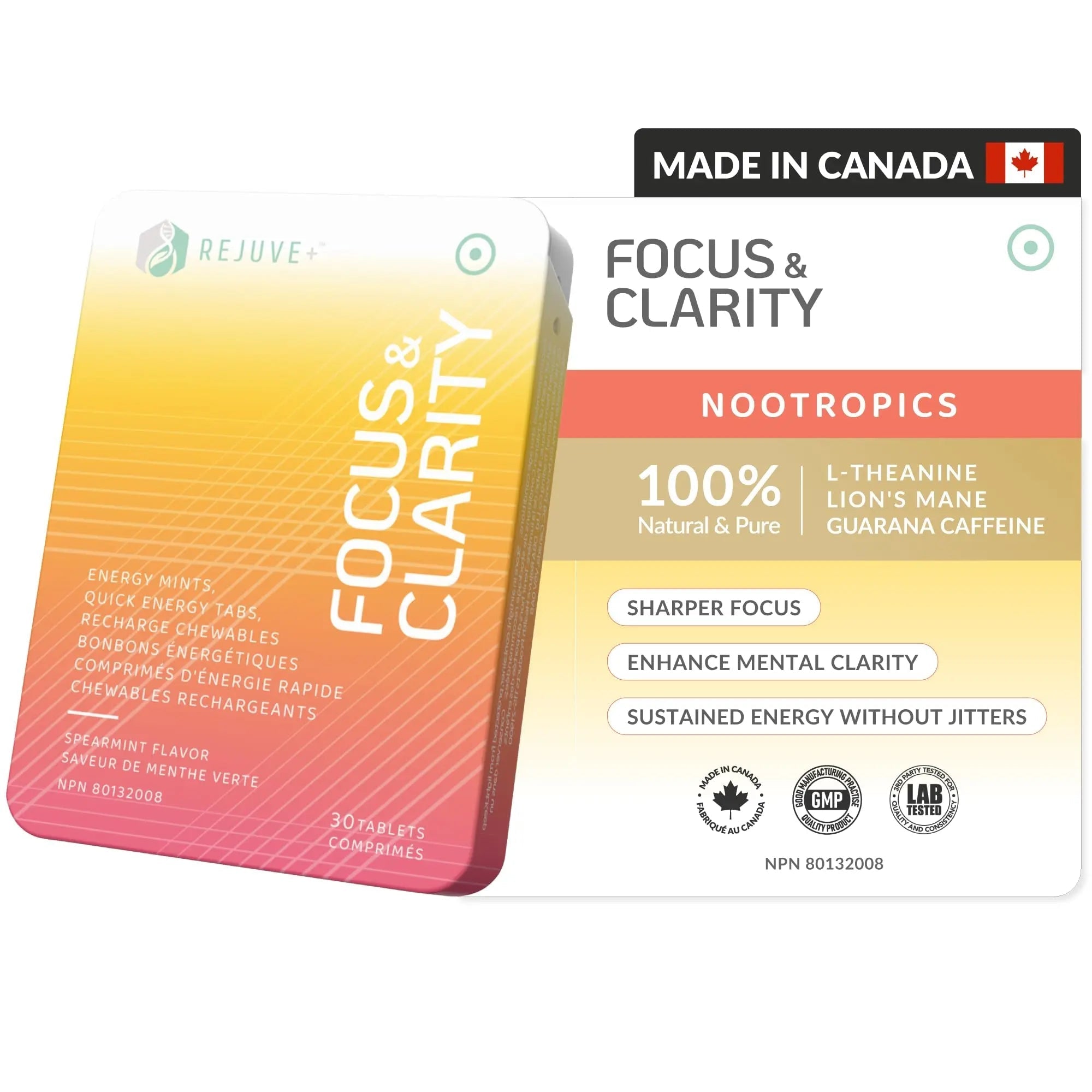 REJUVE+ Focus & Clarity Nootropic Supplement – Brian Boost | L-Theanine, Caffeine, Lion’s Mane, Magnesium, Vitamin B6 & B12 | Brain Support, Memory, Focus & Energy | Mint Flavor (30 Chewables) (1) - TrustMedUSA