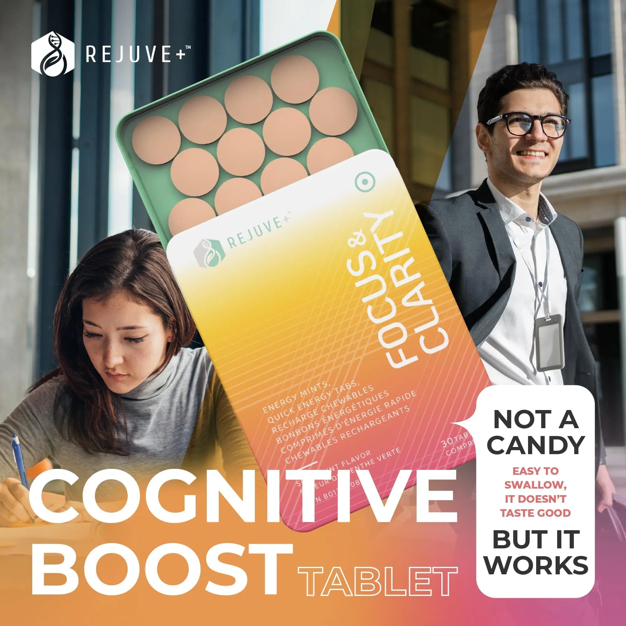 REJUVE+ Focus & Clarity Nootropic Supplement – Brian Boost | L-Theanine, Caffeine, Lion’s Mane, Magnesium, Vitamin B6 & B12 | Brain Support, Memory, Focus & Energy | Mint Flavor (30 Chewables) (1) - TrustMedUSA