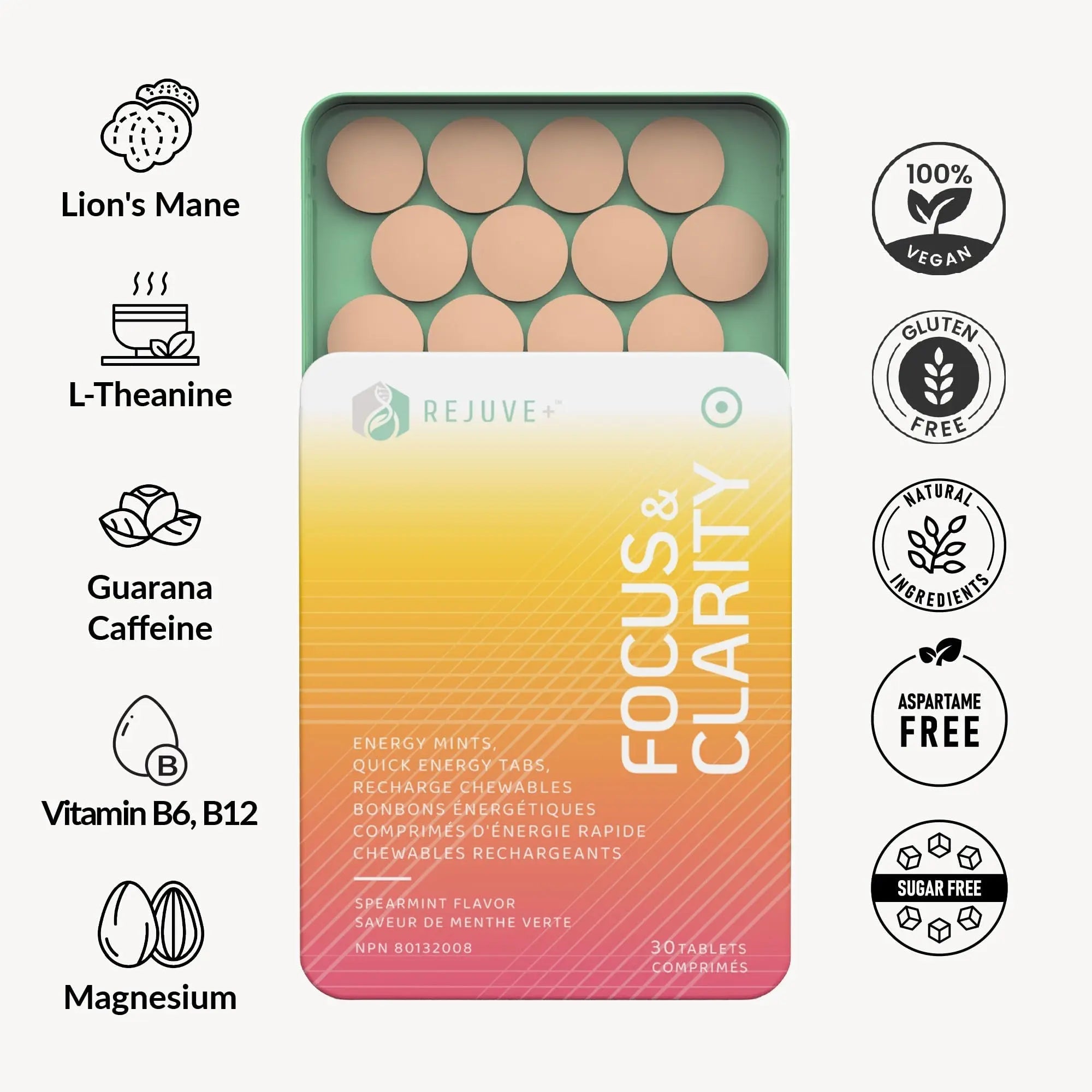 REJUVE+ Focus & Clarity Nootropic Supplement – Brian Boost | L-Theanine, Caffeine, Lion’s Mane, Magnesium, Vitamin B6 & B12 | Brain Support, Memory, Focus & Energy | Mint Flavor (30 Chewables) (1) - TrustMedUSA