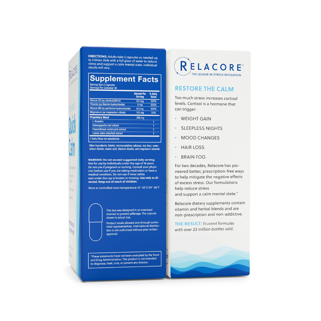 Relacore Quick Calm Mood Support Supplement with Ashwagandha, L-Theanine, Rapid Stress Relief and Relaxation – Cortisol Supplement - 60 ct - TrustMedUSA