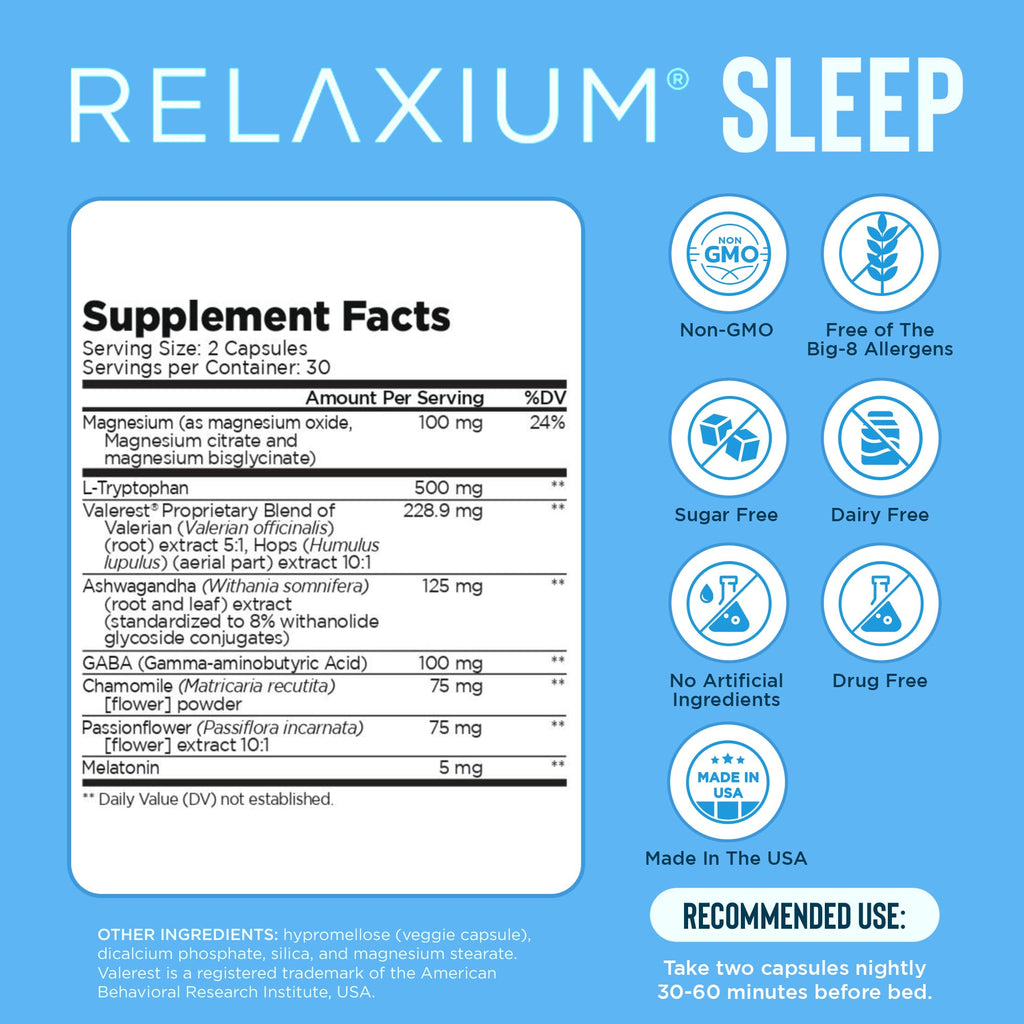 Relaxium Sleep Aid for Adults, Melatonin 5mg with Magnesium Glycinate, Sleep-Promoting Valerest & Ashwagandha, Non-Habit Forming Sleep Supplement, 60 Capsules, 30-Day Supply - TrustMedUSA