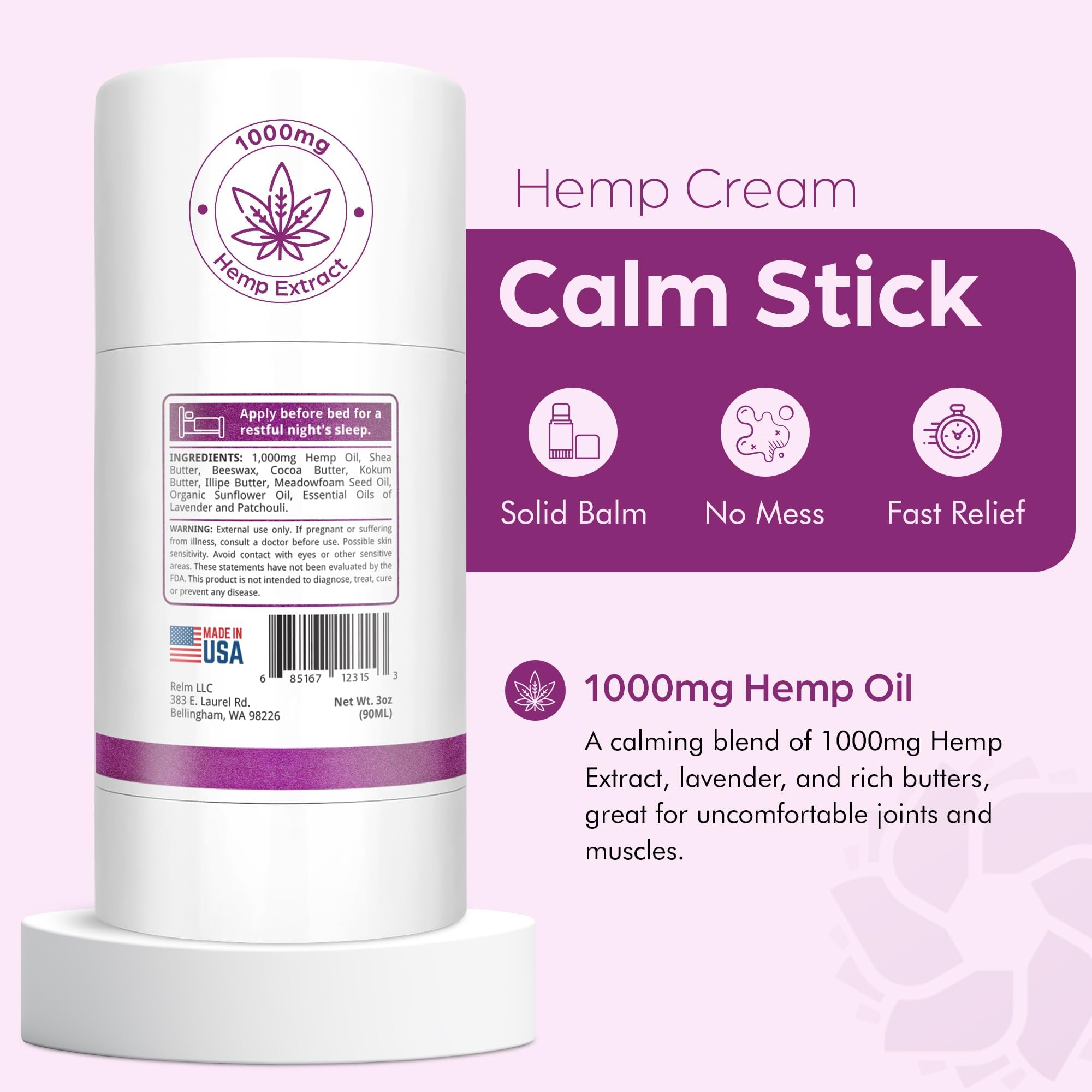 Relm Wellness Hemp Cream Relief - Maximum Strength Oil Roll On - Lavender Essential Oil - 1000mg Hemp - Nighttime Calming Creme | Great for sore Knee, Back, Joints and Muscles | Solid Lotion Balm - TrustMedUSA