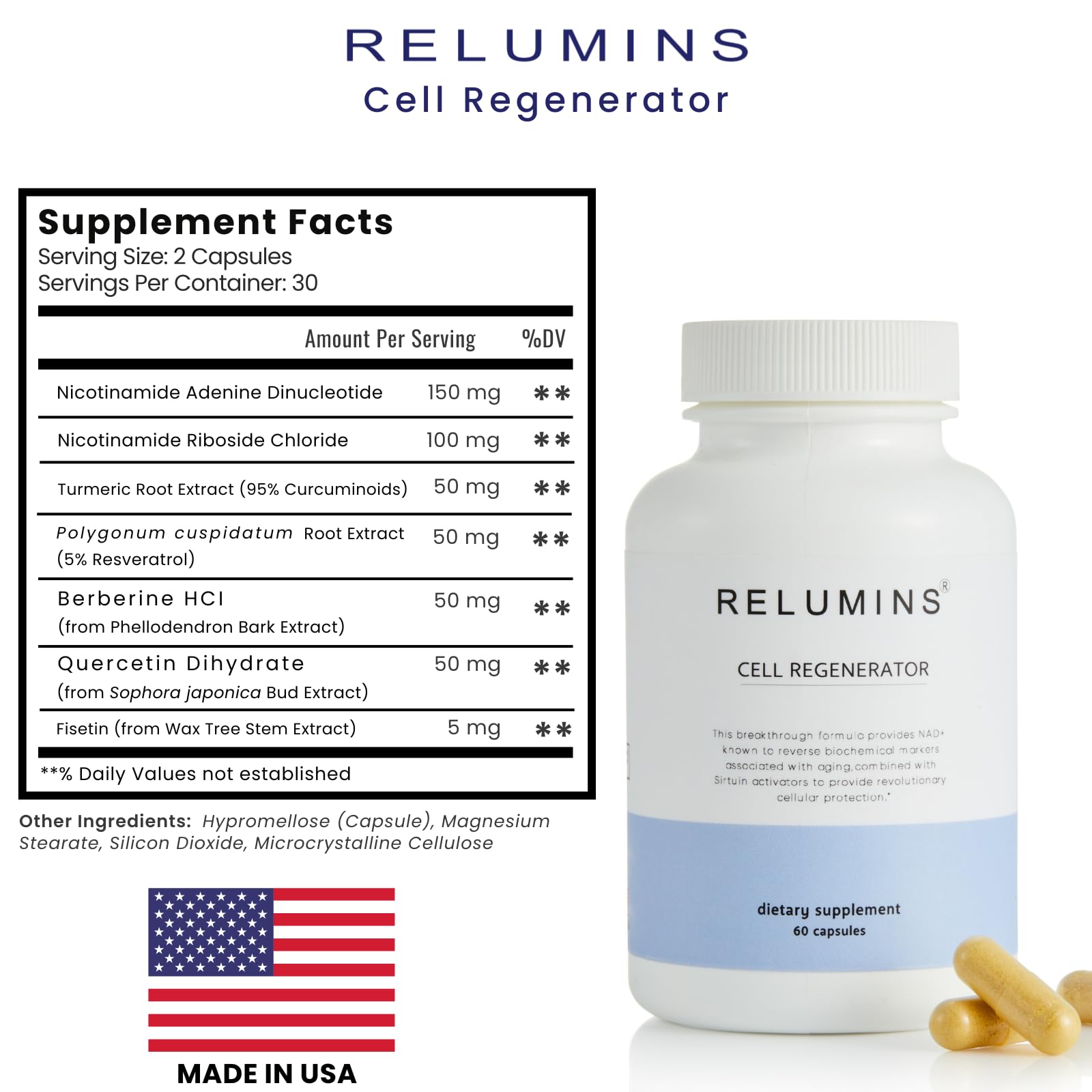 Relumins NAD+ Supplement with Nicotinamide Riboside, Resveratrol, Quercetin, Fisetin & Curcumin – Focus, Vitality, Energy, Balance & Daily Wellness Support – 60 Vegan Capsules - TrustMedUSA