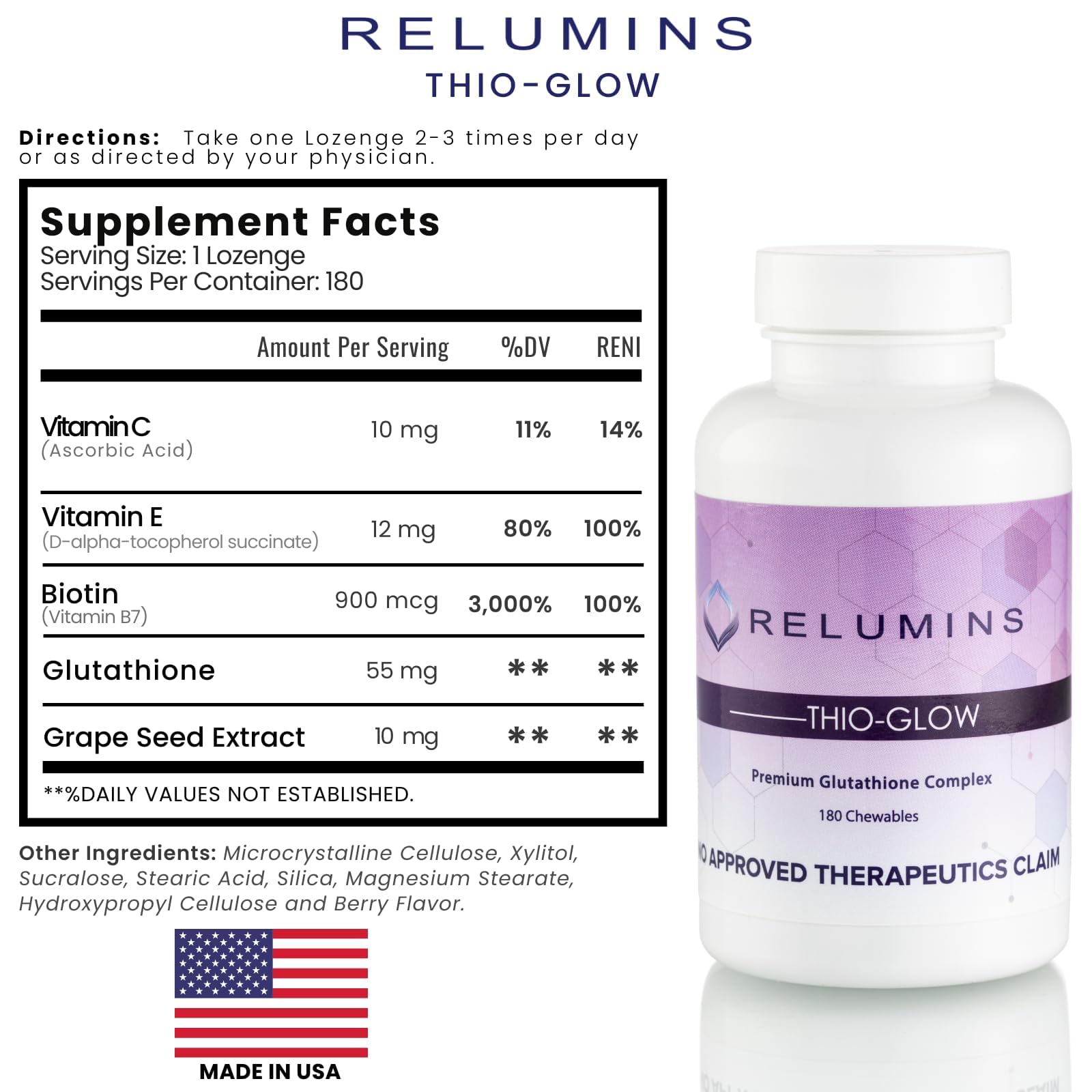 Relumins Thio-Glow Chewable Sublingual Glutathione Complex with Biotin, VIT C & E, Plus Grapeseed Polyphenols – 330mg Gluta Per Serving – 4X Effective, Ultimate Wellness Gift for Moms x 3 Bots - TrustMedUSA