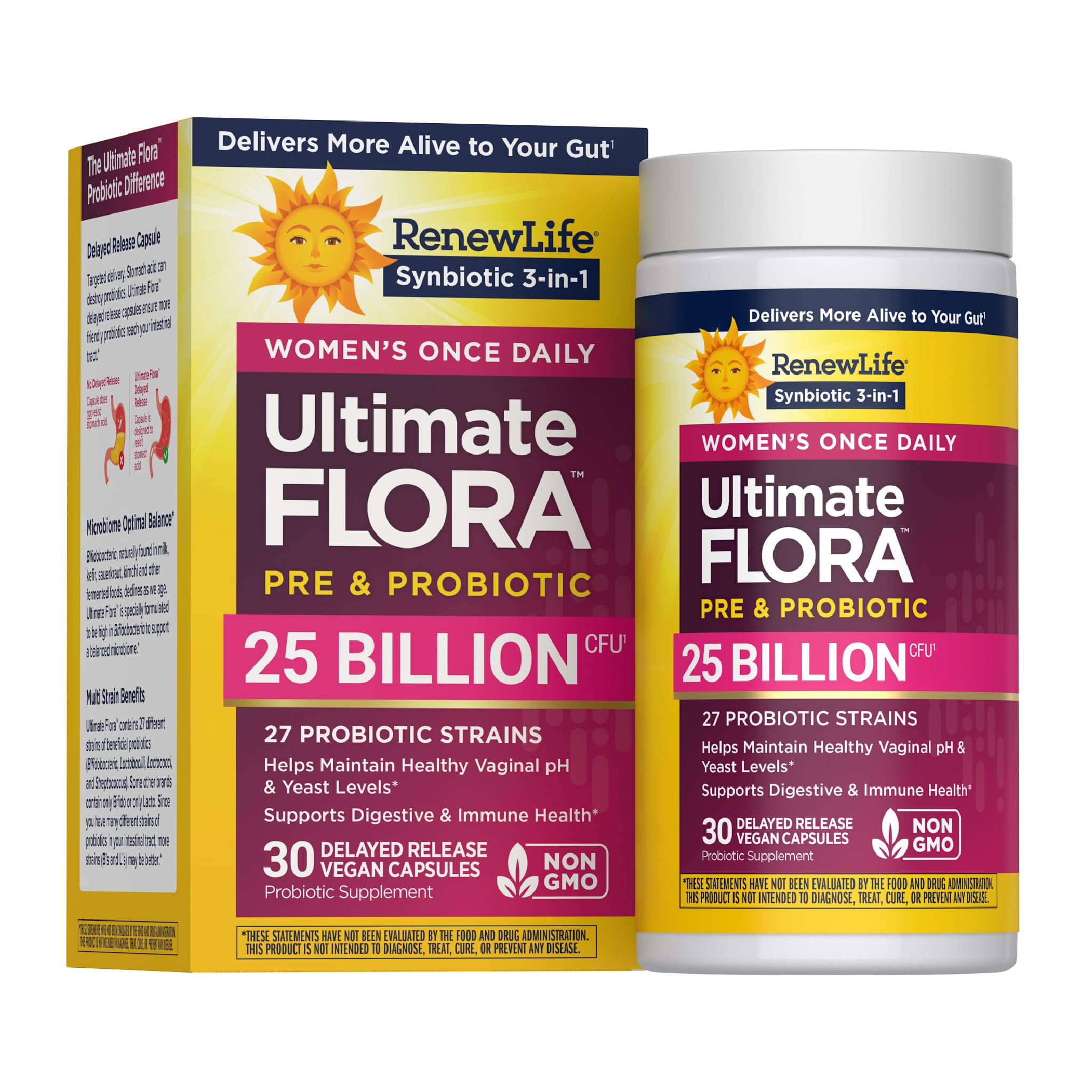 Renew Life Ultimate Flora Probiotics for Women with Prebiotics | 25 Billion CFU | 30 Delayed Release Capsules | 3 in 1 Synbiotic | Supports Digestive and Immune Health | Dairy, Soy and Gluten-Free - Maple Wellness Supplements