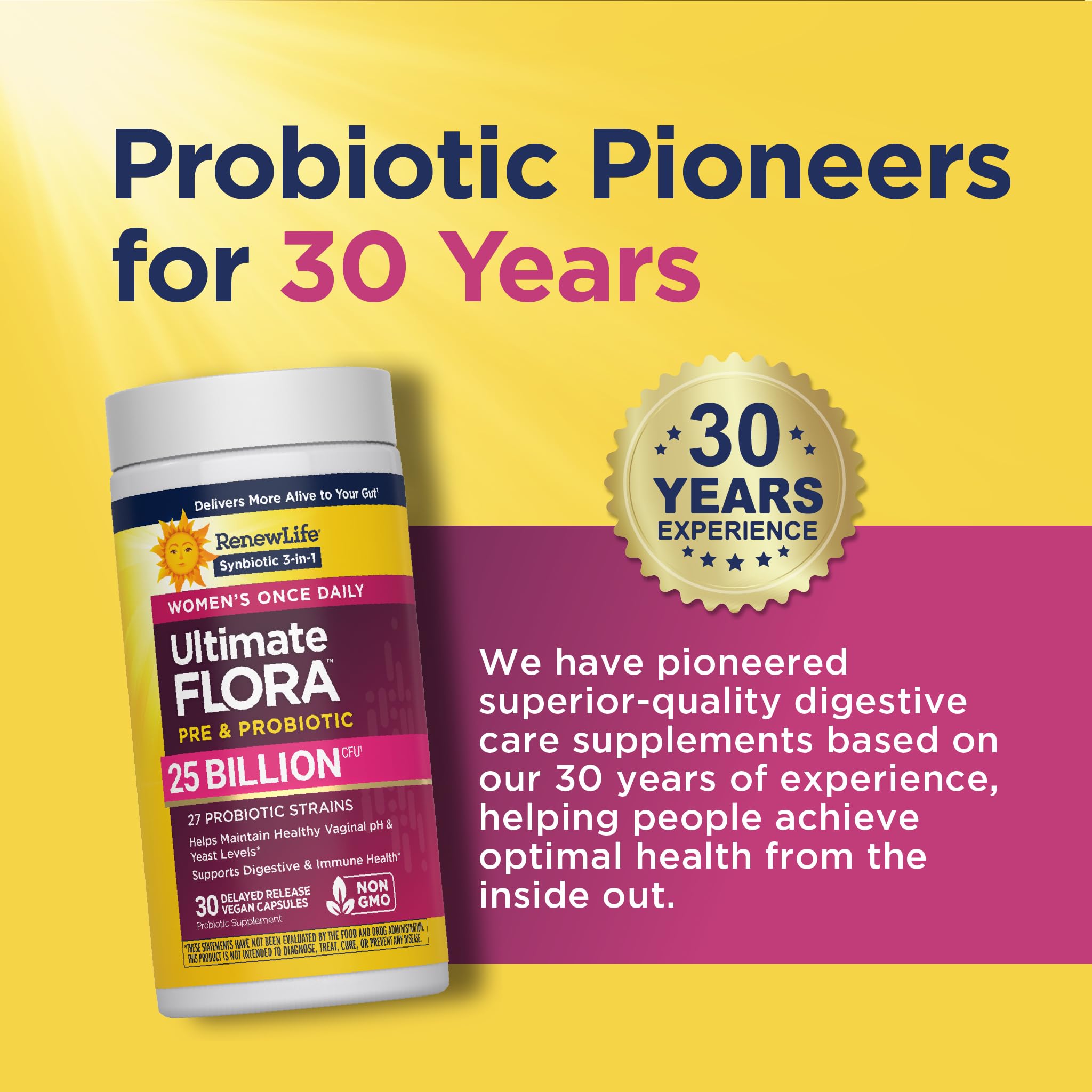 Renew Life Ultimate Flora Probiotics for Women with Prebiotics | 25 Billion CFU | 30 Delayed Release Capsules | 3 in 1 Synbiotic | Supports Digestive and Immune Health | Dairy, Soy and Gluten-Free - Maple Wellness Supplements
