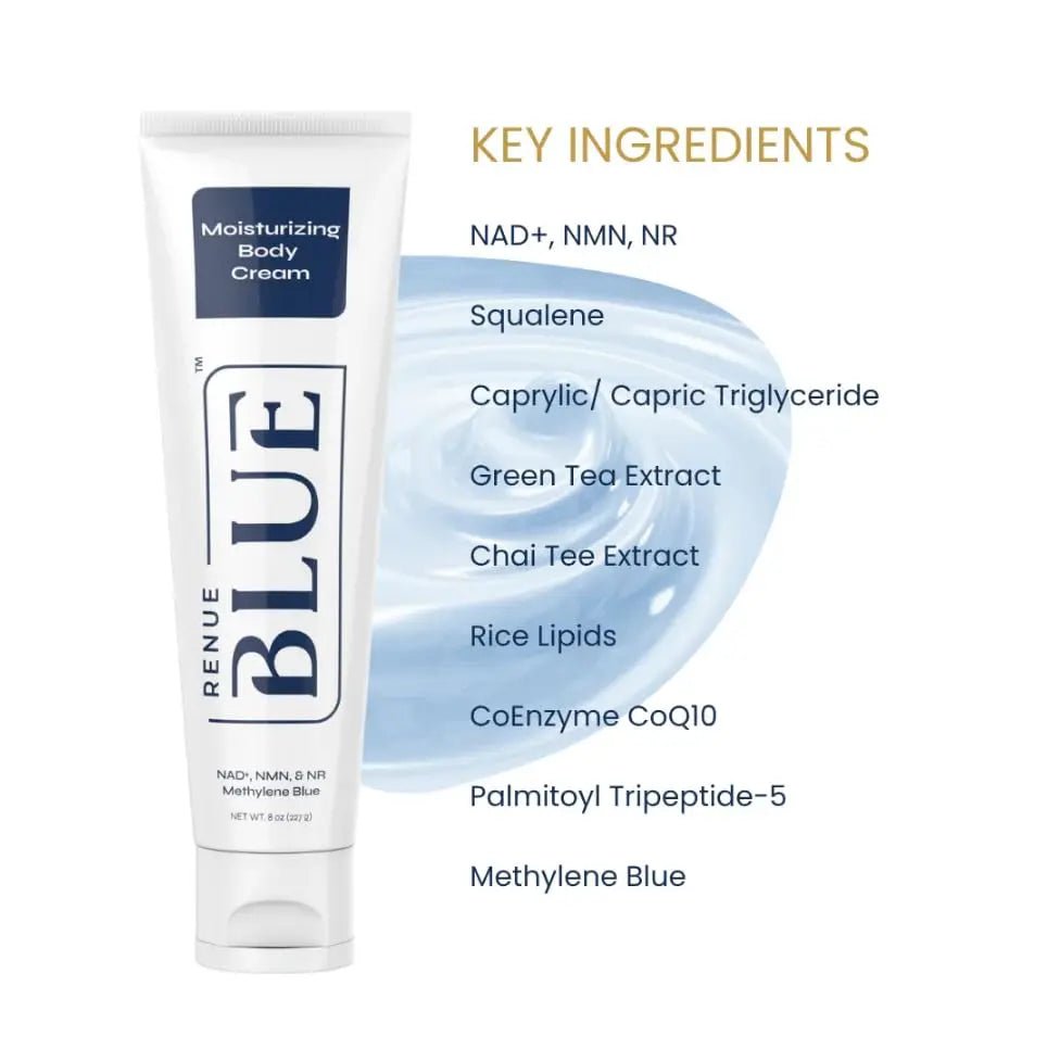 Renue Blue Methylene Blue Moisturizing Body Cream – Liposomal NAD+ Complex with Antioxidants, Peptides, and Botanical Extracts for Hydrated, Healthier‑Looking Skin - TrustMedUSA