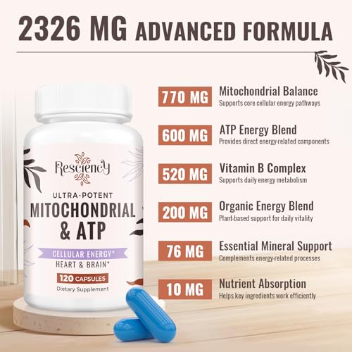 Resciency 2326 MG Mitochondrial Supplements with ATP, Vitamins, CoQ10 & PQQ, More Effective Than Creatine HMB & Nitric Oxide, Energy, Endurance, Strength, Recovery & Muscle, Organic, 120 Capsules - TrustMedUSA