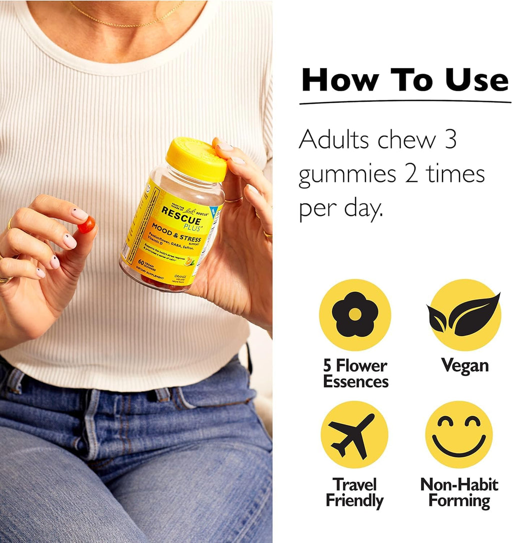 RESCUE Bach Plus Mood & Stress Support Gummies, Daytime Dietary Supplement with Passionflower, GABA, Saffron & Vitamin D, Natural Orange Flavor, Vegan & Gluten-Free, 3 Pack, 180 Count Total - TrustMedUSA