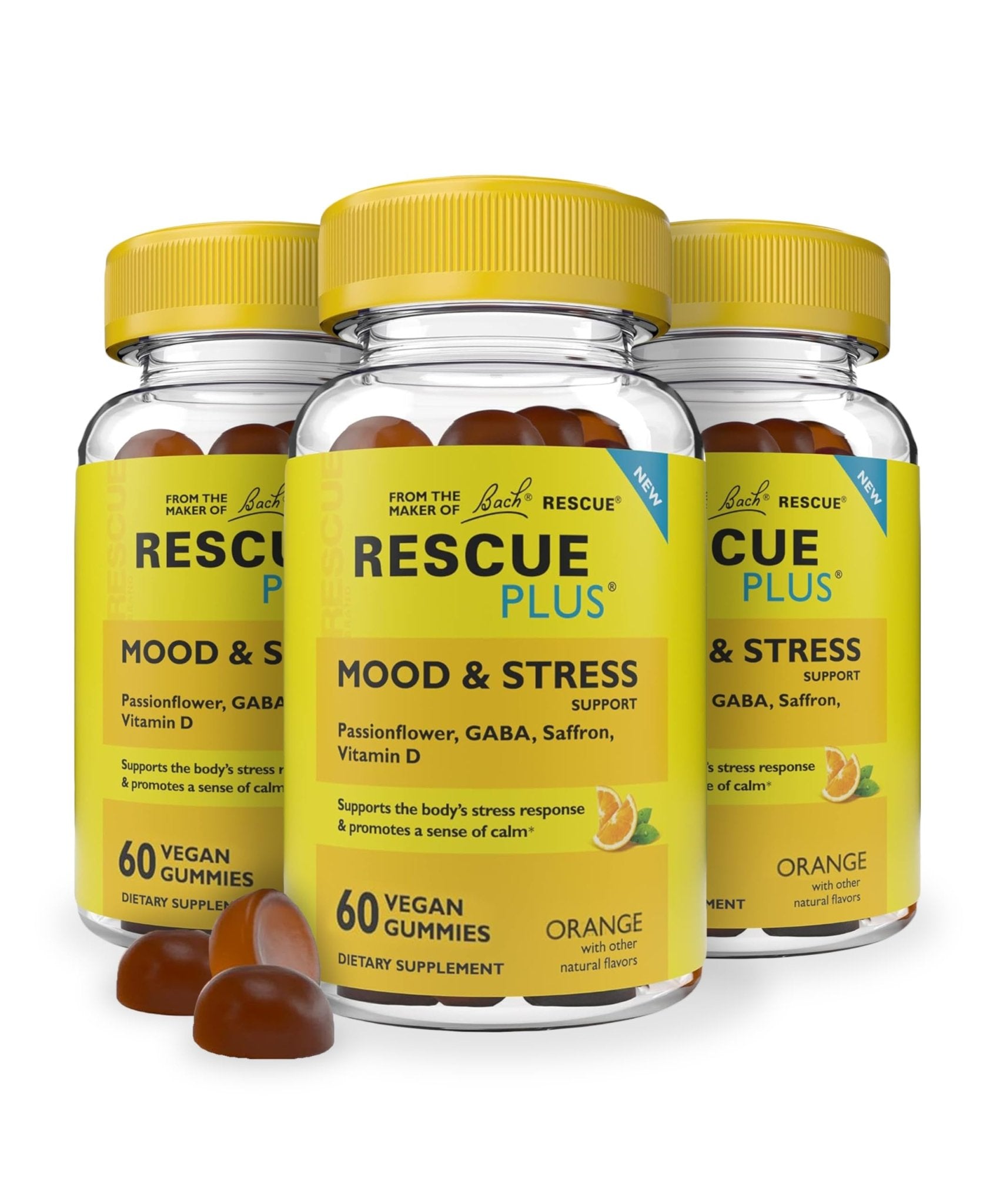 RESCUE Bach Plus Mood & Stress Support Gummies, Daytime Dietary Supplement with Passionflower, GABA, Saffron & Vitamin D, Natural Orange Flavor, Vegan & Gluten-Free, 3 Pack, 180 Count Total - TrustMedUSA