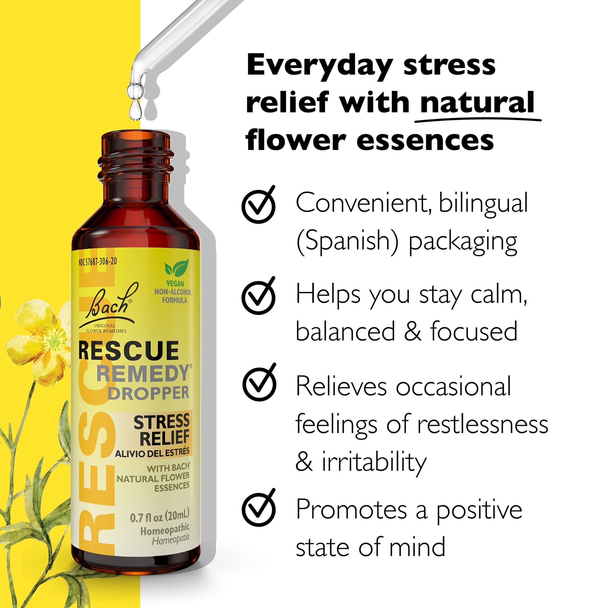 RESCUE Bach Remedy Dropper 20mL, Natural Stress Relief, Homeopathic Flower Essence, Vegan, Gluten & Sugar-Free, Non-Habit Forming (Non-Alcohol Formula) - Maple Wellness Supplements