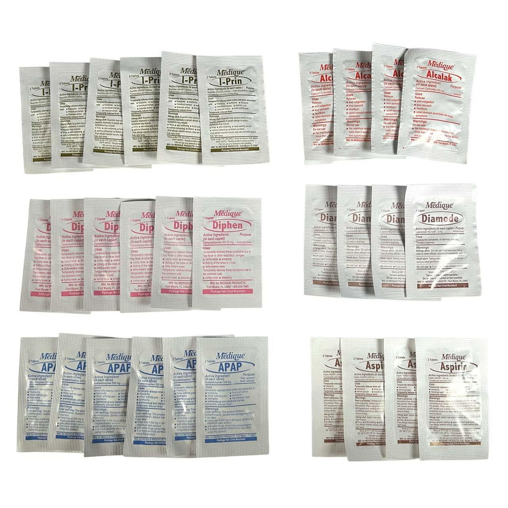 Rescue Essentials Medications Dose Pack–First Aid Refill Kit with Ibuprofen, Acetaminophen, Aspirin, Antihistamine, Anti-Diarrheal & Antacid– Compact Emergency Travel & IFAK Supply-1 Module (30 Doses) - Maple Wellness Supplements