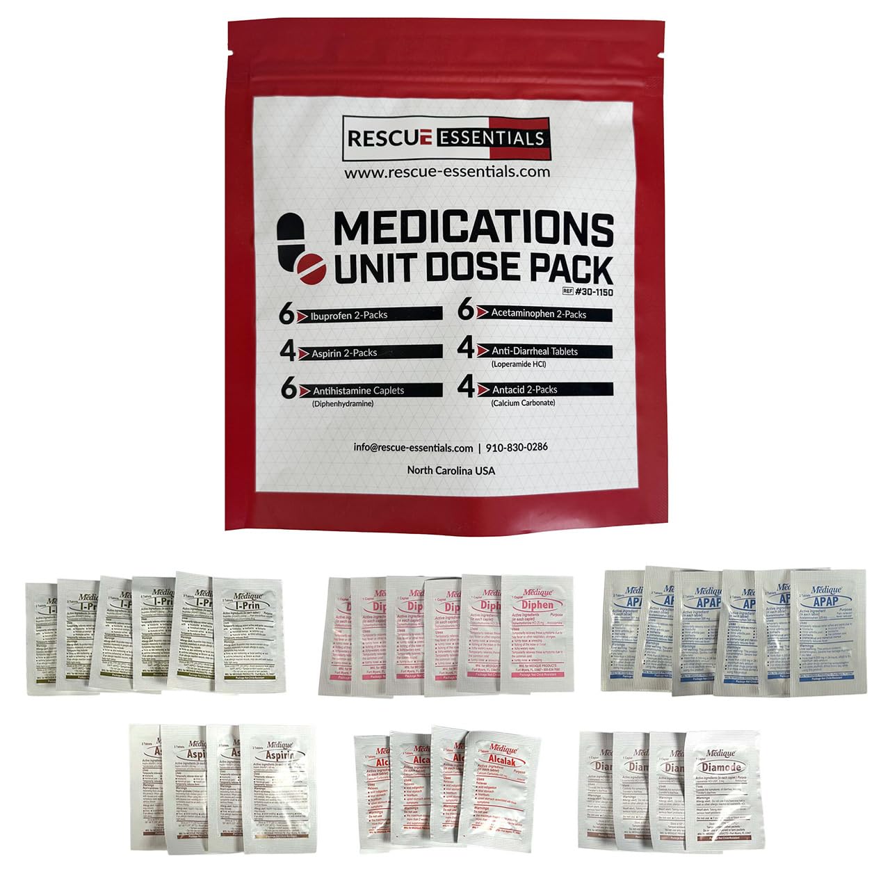 Rescue Essentials Medications Dose Pack–First Aid Refill Kit with Ibuprofen, Acetaminophen, Aspirin, Antihistamine, Anti-Diarrheal & Antacid– Compact Emergency Travel & IFAK Supply-1 Module (30 Doses) - Maple Wellness Supplements