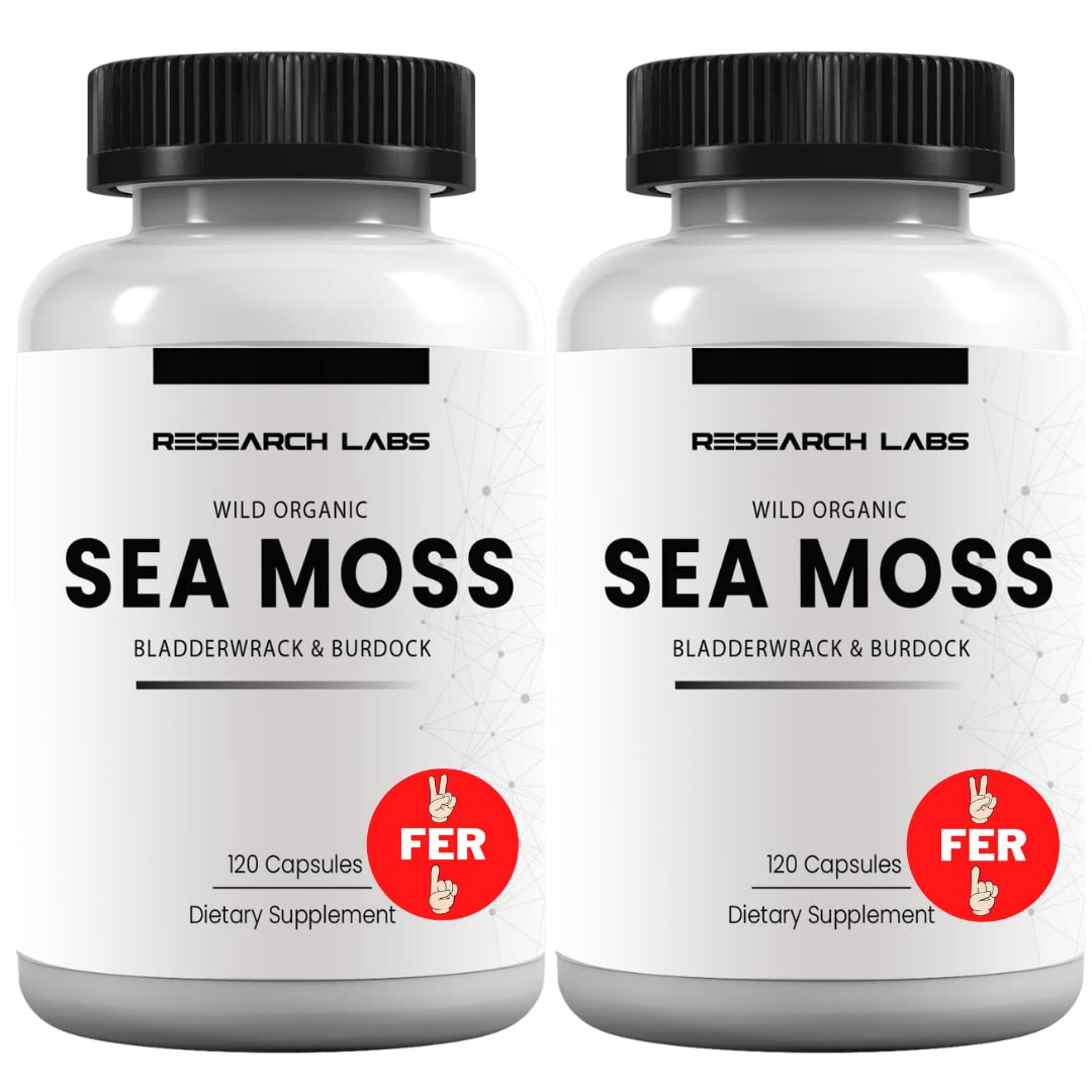 Research Labs 2 Fer 1 Ad Organic Irish Sea Moss Capsules 240 Total Pills, Raw Wildcrafted Seamoss Enhanced w/Bladderwrack & Burdock Root Antioxidant Powerhouse. Thyroid Support - TrustMedUSA