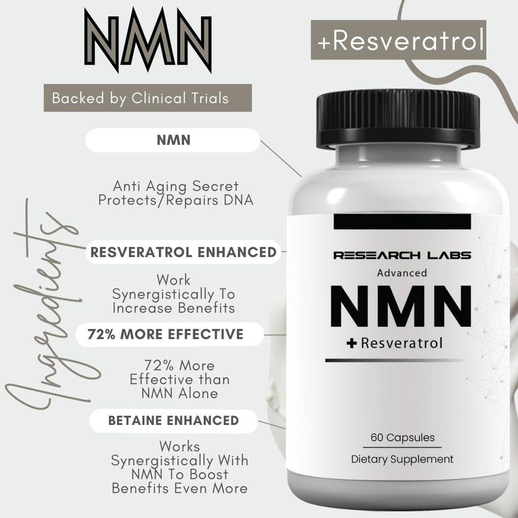 Research Labs Advanced NMN Resveratrol & Betaine (TMG) Longevity Formula – NAD Cellular Energy, Healthy Aging, Metabolic Support – Advanced Science Supplement – Made in USA NAD Supplement Booster - TrustMedUSA