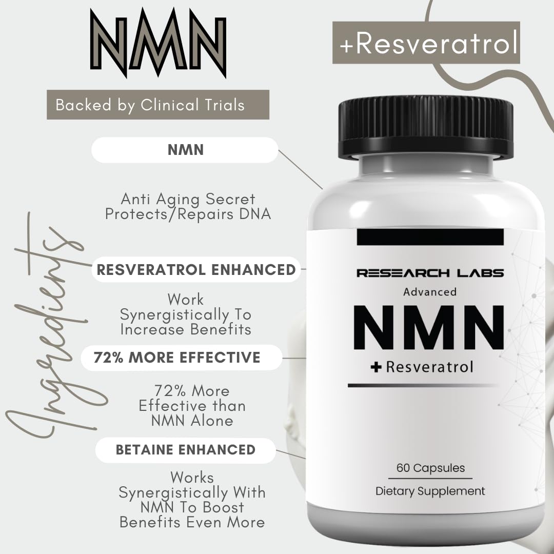 Research Labs Advanced NMN Resveratrol & Betaine (TMG) Longevity Formula – NAD Cellular Energy, Healthy Aging, Metabolic Support – Advanced Science Supplement – Made in USA NAD Supplement Booster - TrustMedUSA
