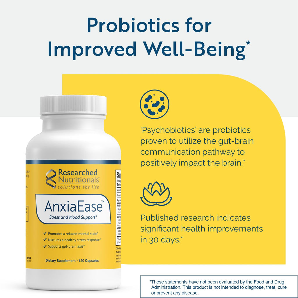 Researched Nutritionals AnxiaEase - Stress, Cortisol Management & Mood Support Supplement - Botanicals, Vitamin B6, Magnesium & 'Psychobiotic' Probiotic Strains (120 Capsules) - TrustMedUSA