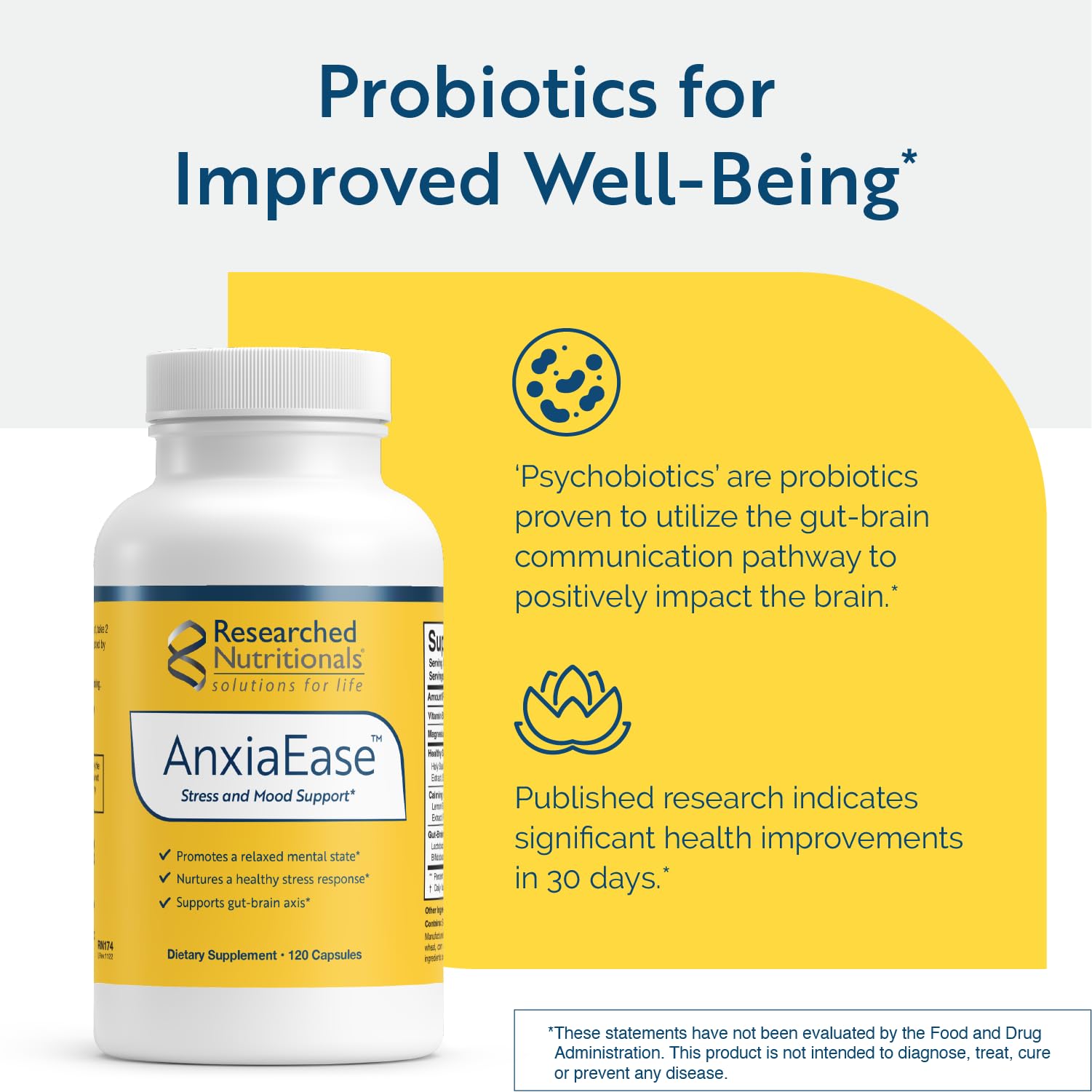 Researched Nutritionals AnxiaEase - Stress, Cortisol Management & Mood Support Supplement - Botanicals, Vitamin B6, Magnesium & 'Psychobiotic' Probiotic Strains (120 Capsules) - TrustMedUSA