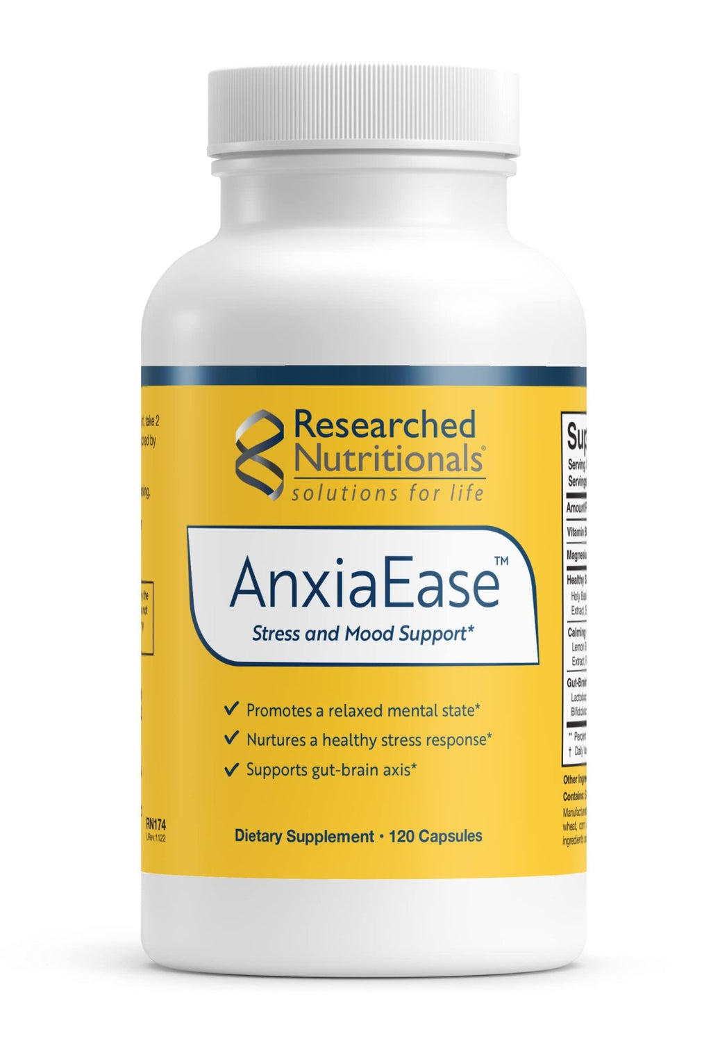 Researched Nutritionals AnxiaEase - Stress, Cortisol Management & Mood Support Supplement - Botanicals, Vitamin B6, Magnesium & 'Psychobiotic' Probiotic Strains (120 Capsules) - TrustMedUSA