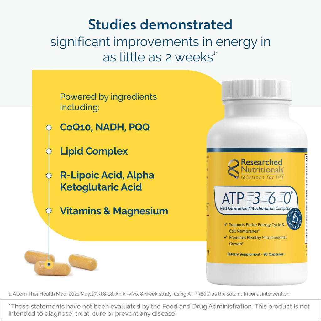 Researched Nutritionals ATP 360 - Mitochondrial Supplements to Support Entire Energy Cycle & Cell Membranes - Clinically Researched ATP Supplements, High Dose CoQ10, R-Lipoic Acid & PQQ, 90 Capsules - TrustMedUSA