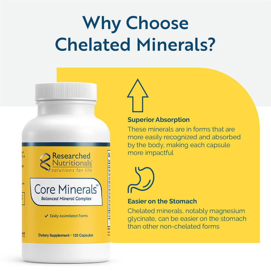 Researched Nutritionals Core Minerals - Daily Trace Minerals Supplement - Iron-Free Blend with Vitamin D3, Magnesium Glycinate & Iodine for Thyroid, Bone & Metabolic Support (120 ct) - TrustMedUSA