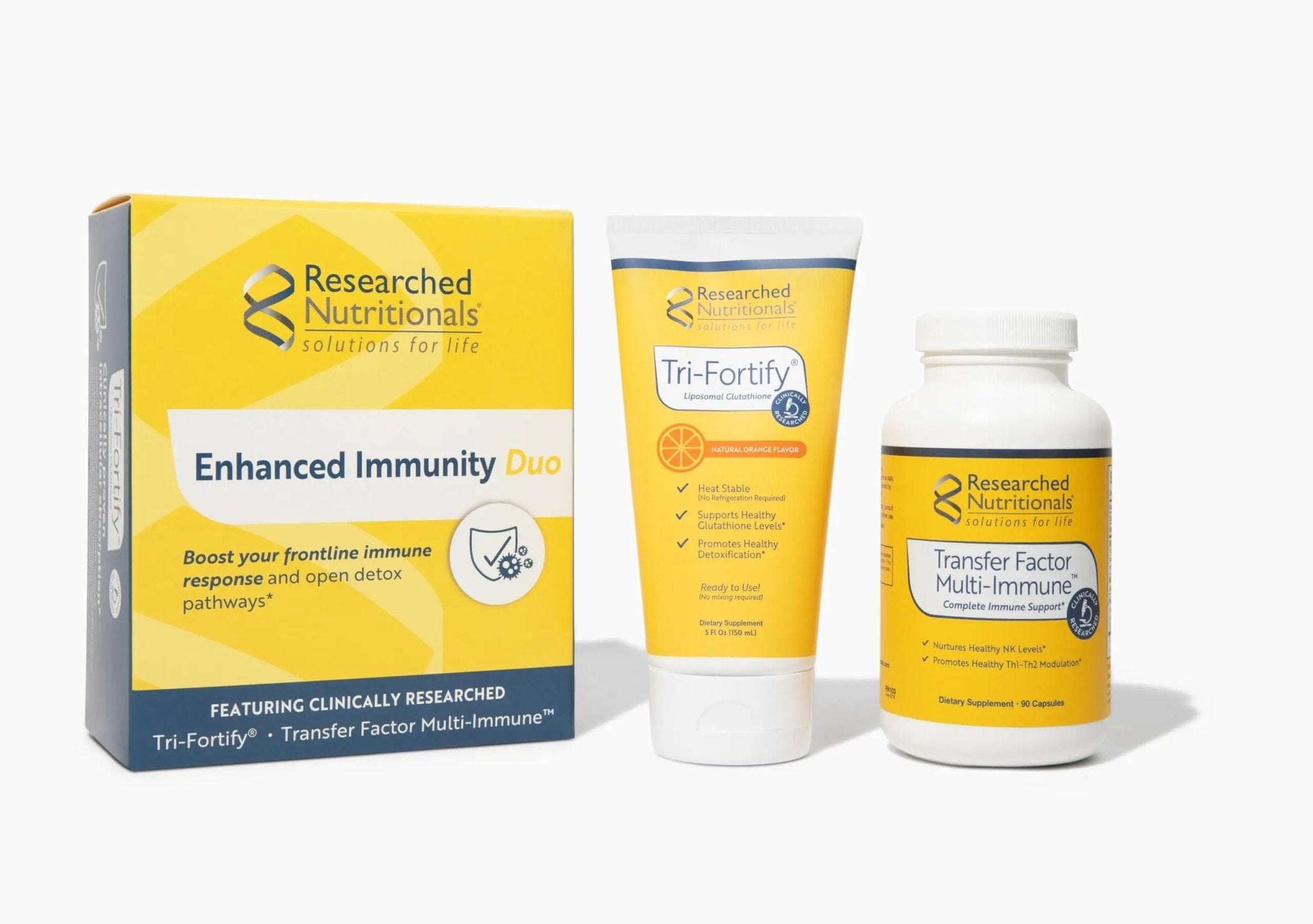 Researched Nutritionals Liposomal Glutathione (450mg) + Colostrum & Mushrooms Supplement for Immune Support - Enhanced Immunity Duo - Tri-Fortify Orange + Transfer Factor Multi-Immune (2 Piece Set) - TrustMedUSA