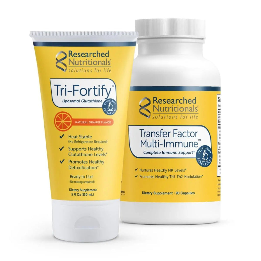 Researched Nutritionals Liposomal Glutathione (450mg) + Colostrum & Mushrooms Supplement for Immune Support - Enhanced Immunity Duo - Tri-Fortify Orange + Transfer Factor Multi-Immune (2 Piece Set) - TrustMedUSA