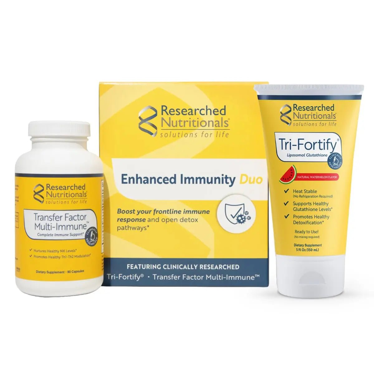 Researched Nutritionals Liposomal Glutathione (450mg) + Colostrum & Mushrooms Supplement for Immunity - Enhanced Immunity Duo - Tri-Fortify Watermelon + Transfer Factor Multi-Immune (2 Piece Set) - TrustMedUSA
