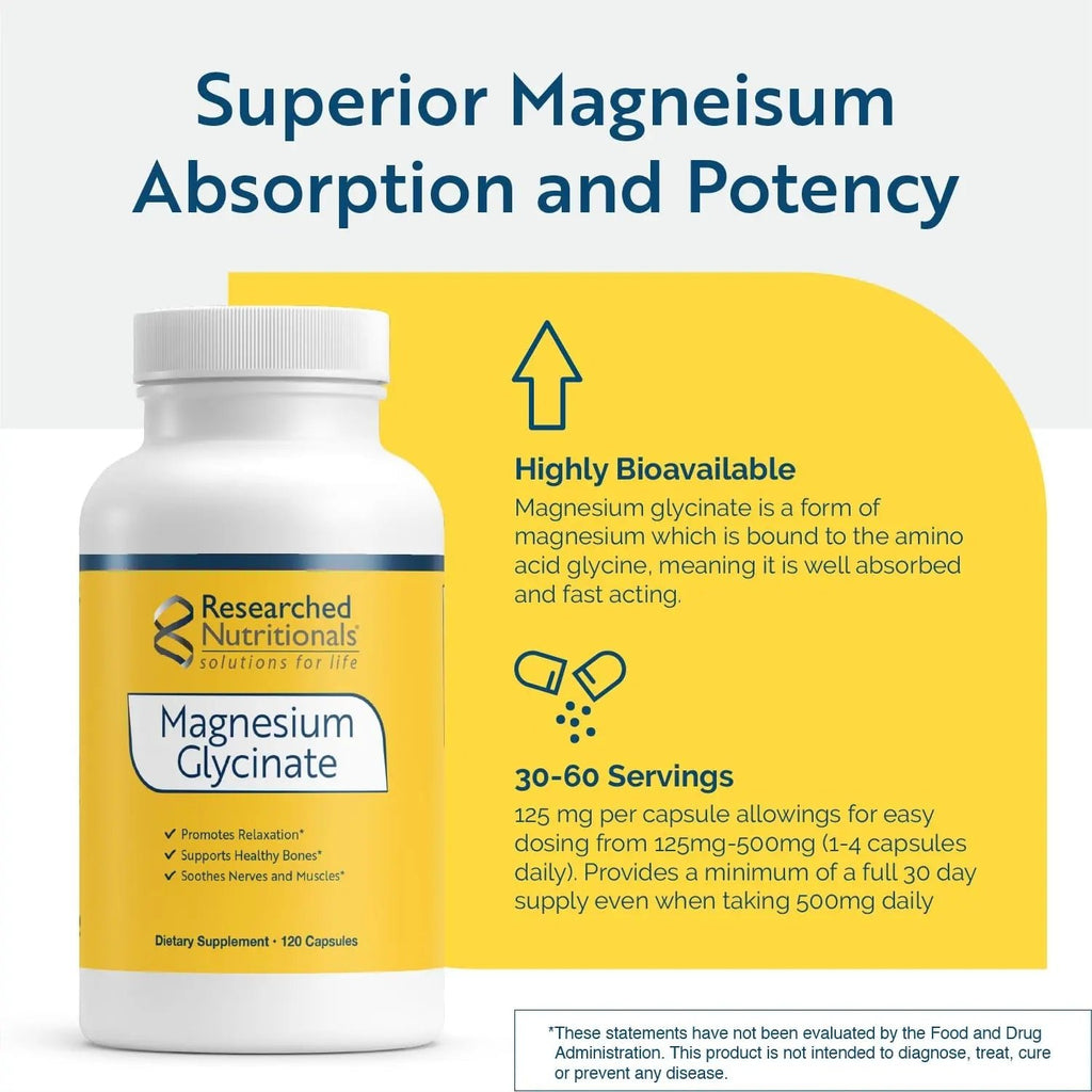 Researched Nutritionals Magnesium Glycinate Capsules - 125mg High Absorption Magnesium Glycinate Supplement to Support Healthy Bones and Energy Production - Vegan & Non-GMO (120 Capsules) - TrustMedUSA