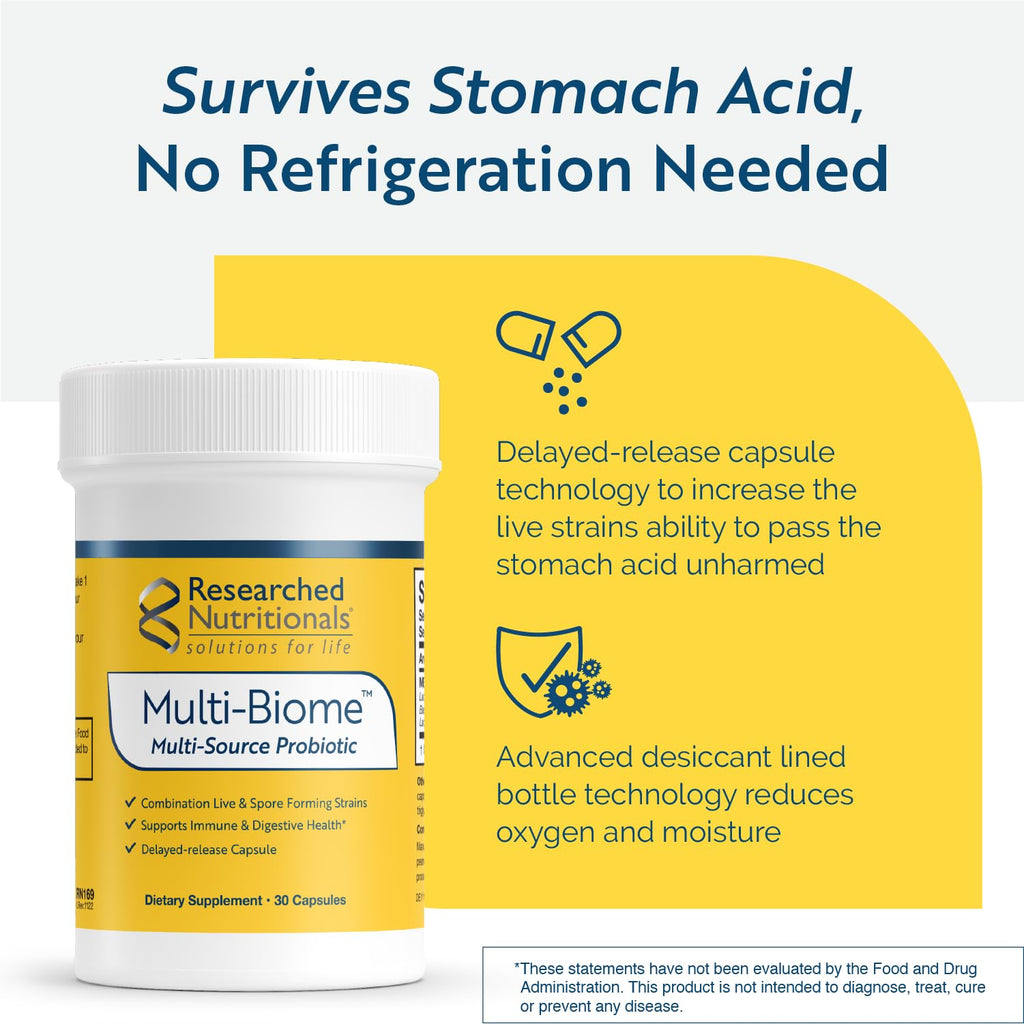 Researched Nutritionals Multi-Biome - Dual-Action Probiotics for Women & Men - Spore + Live Strain Formula with Delayed-Release Capsules for Gut Health, Histamine & Immune Support (30 ct) - TrustMedUSA