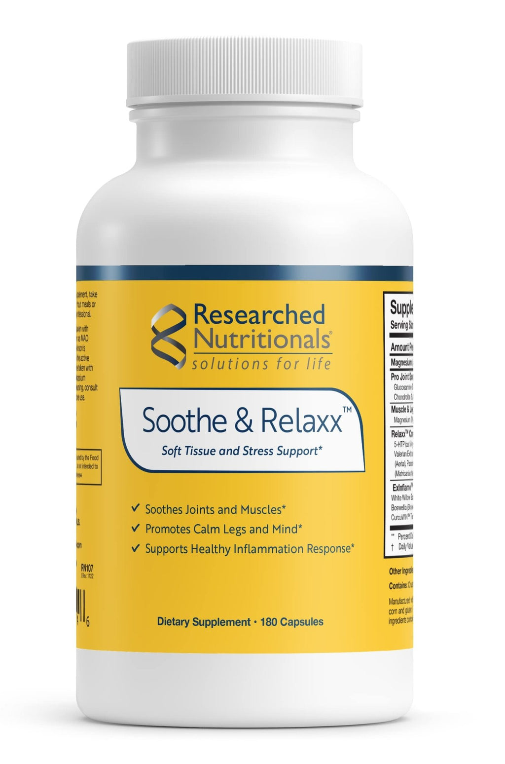 Researched Nutritionals Soothe & Relaxx - Soft Tissue, Muscle + Support Supplement - A Gentle Health Supplement for Calming Relief - Soothe Your Body + Mind (180 Capsules) - TrustMedUSA