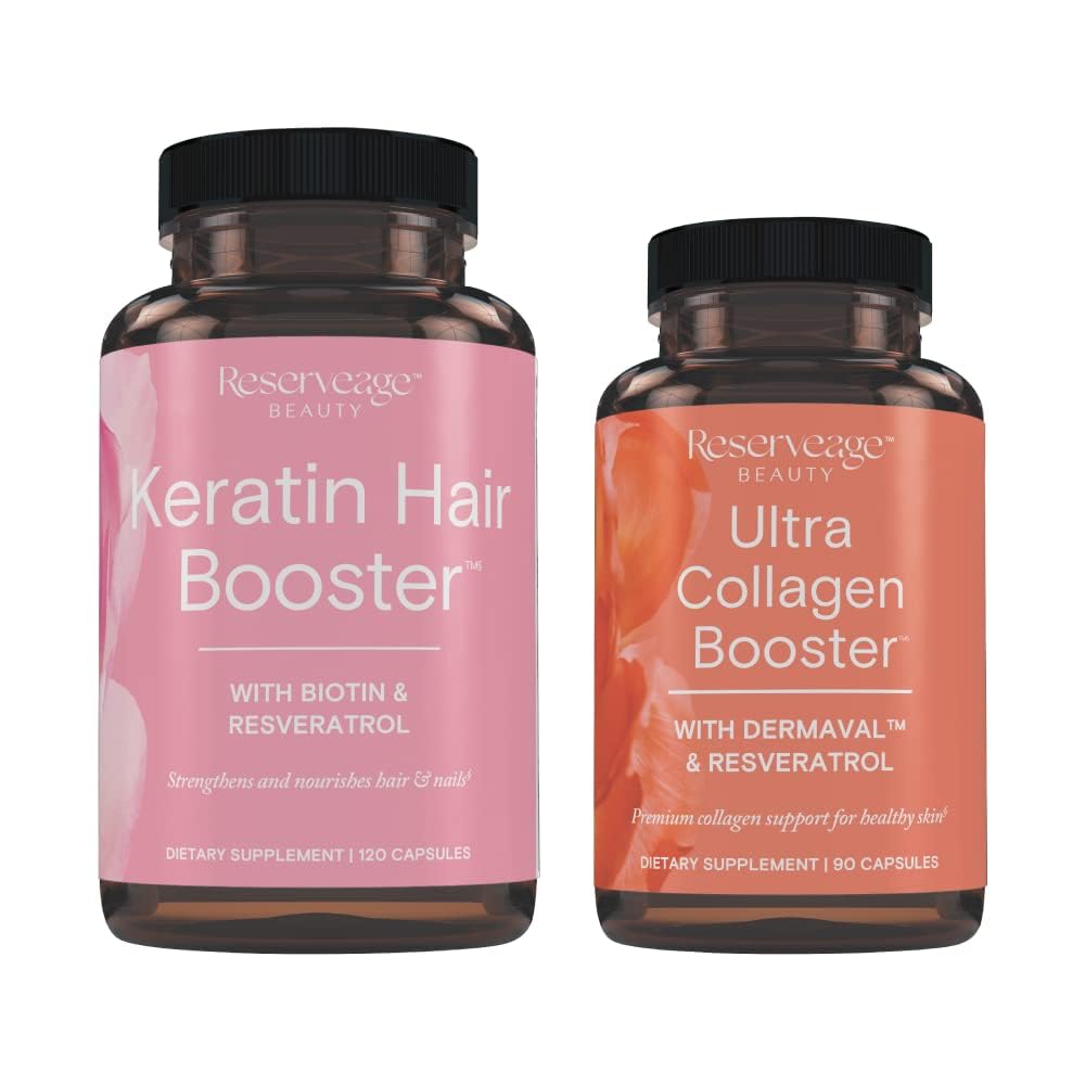Reserveage Ultra Collagen Booster & Keratin Hair Booster - Features Dermaval, Biotin & Resveratrol - Support Hair & Skin - 90 Ultra Collagen Booster Capsules, 120 Keratin Hair Booster Capsules - TrustMedUSA
