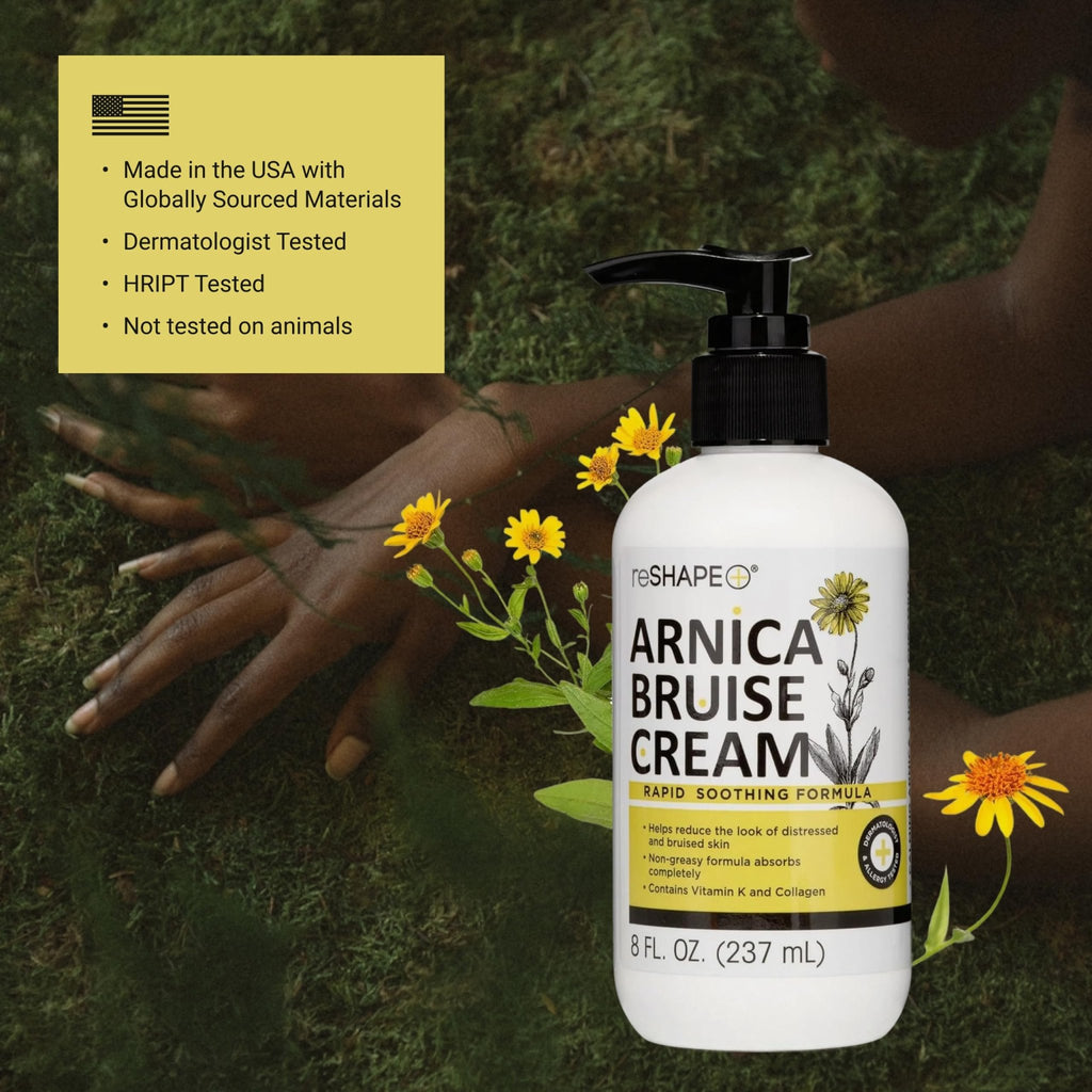 Reshape+ Arnica Bruise Relief Topical Cream For Bruising, Swelling, & Discoloration On Skin, Natural Skin Care Homeopathic Arnica Lotion W/Vitamin K, Horse Chestnut, & Collagen, Large 8 Fl Oz - TrustMedUSA
