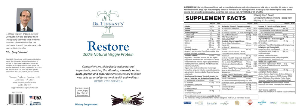 Restore Vanilla Veggie Protein | Premium Plant-Based Protein - 100% Natural and Omega 3 Fusion, Including Pea Protein Isolate - Low Carb, Keto, Dairy Free - 30 Day Supply Dr. Tennant's - TrustMedUSA