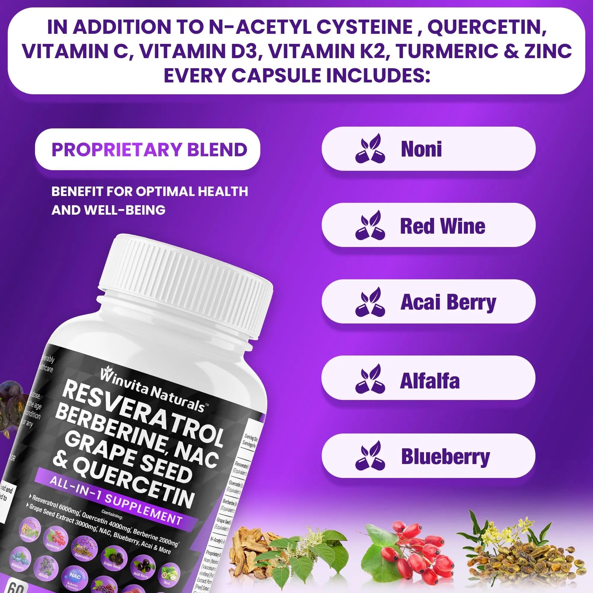 Resveratrol 6000mg Quercetin 4000mg Berberine 2000mg Grape Seed Extract 3000mg - TrustMedUSA