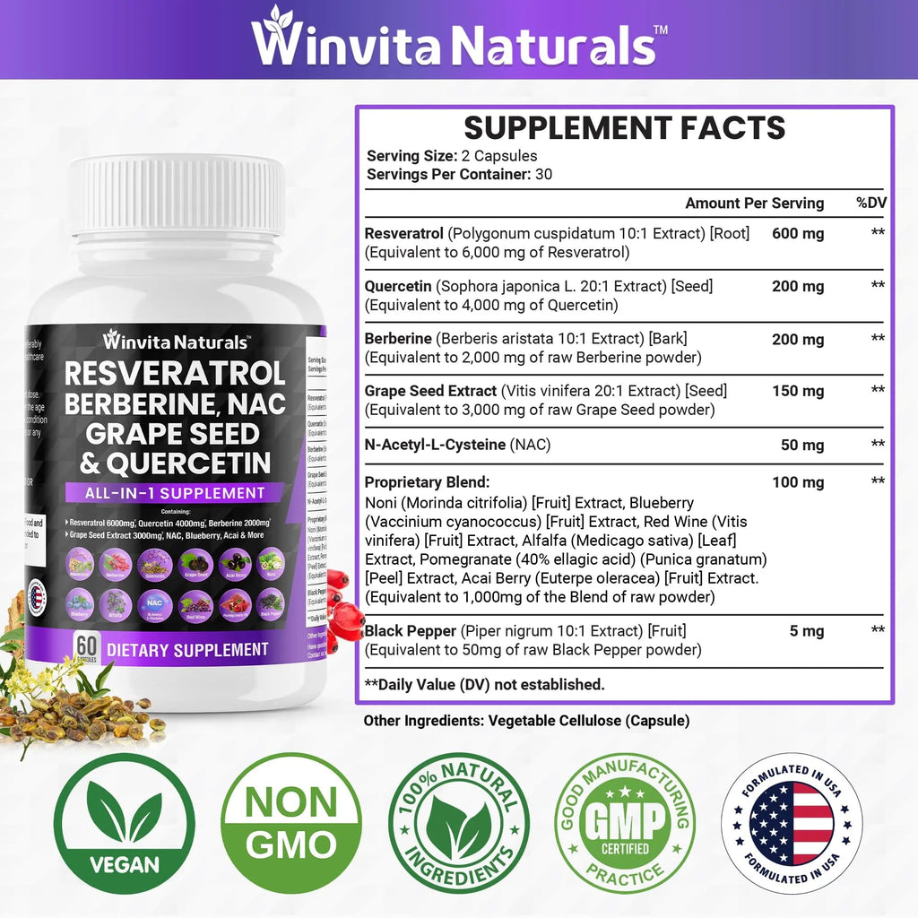 Resveratrol 6000mg Quercetin 4000mg Berberine 2000mg Grape Seed Extract 3000mg - TrustMedUSA