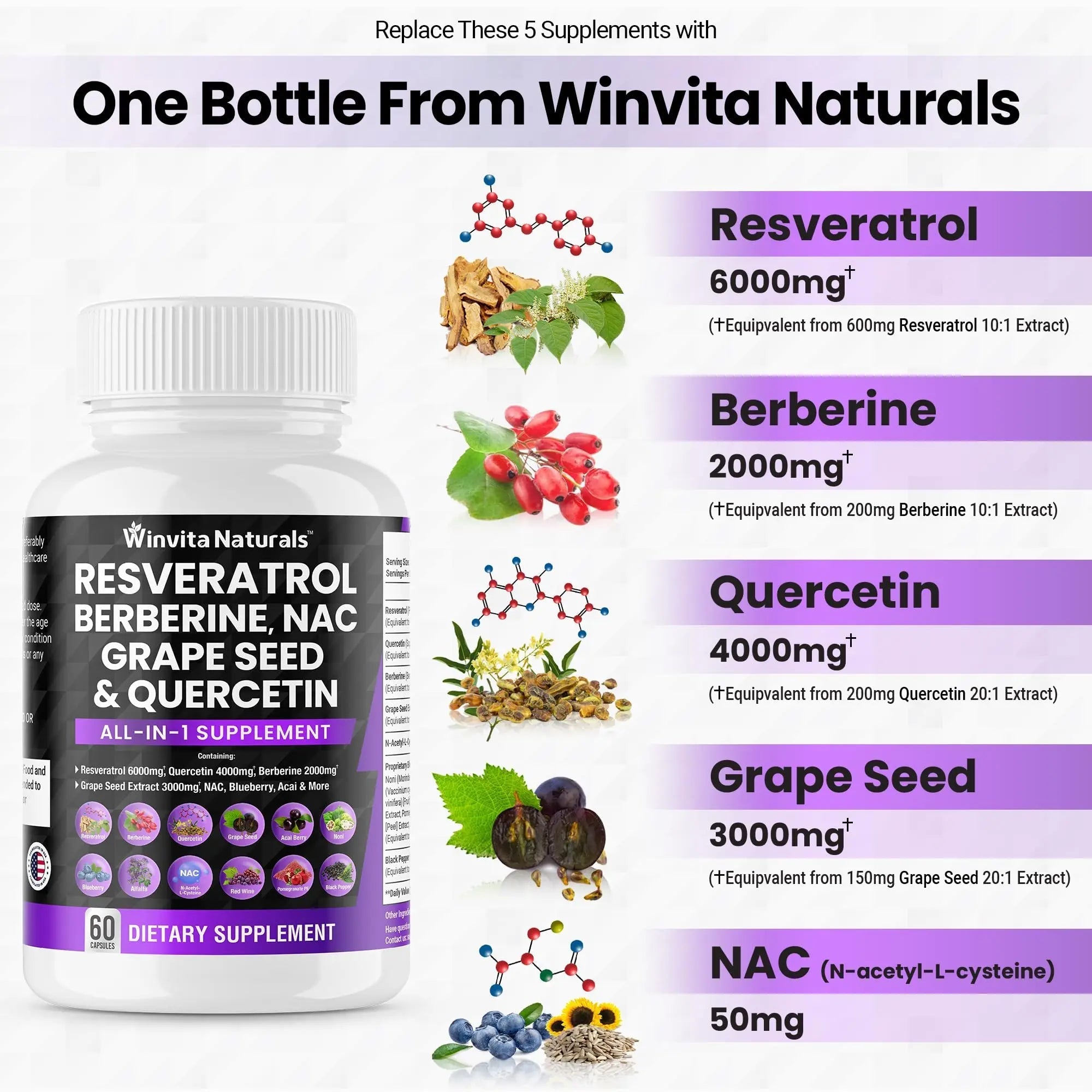 Resveratrol 6000mg Quercetin 4000mg Berberine 2000mg Grape Seed Extract 3000mg - TrustMedUSA