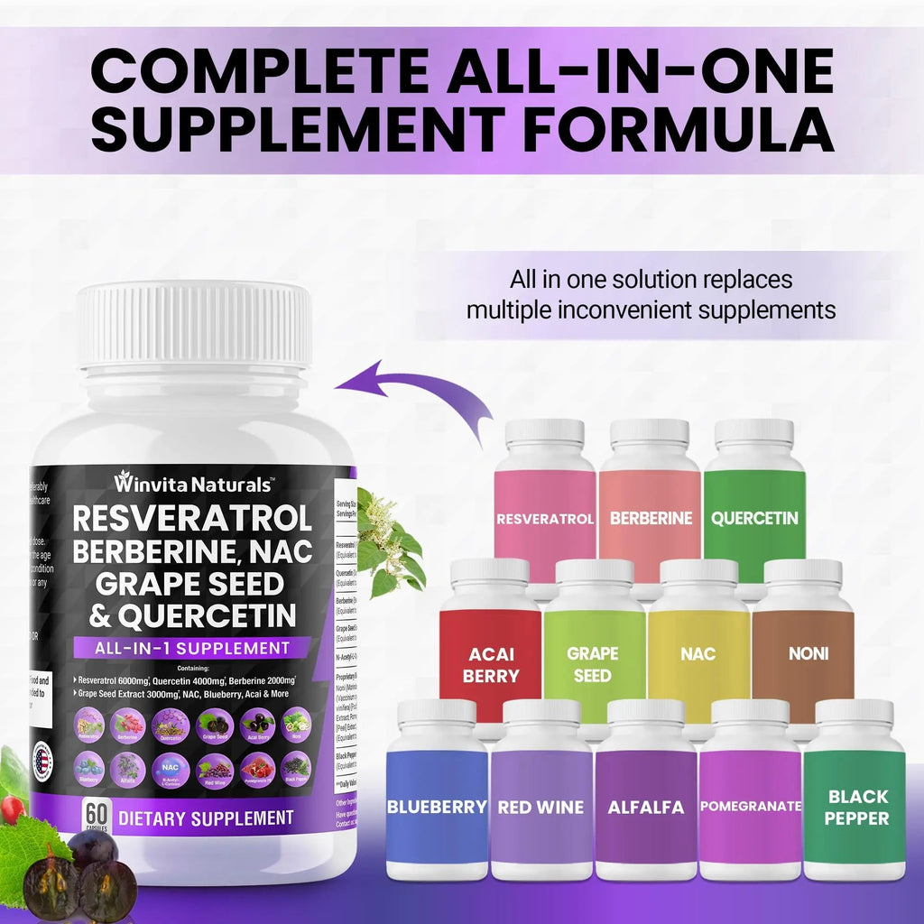 Resveratrol 6000mg Quercetin 4000mg Berberine 2000mg Grape Seed Extract 3000mg - TrustMedUSA