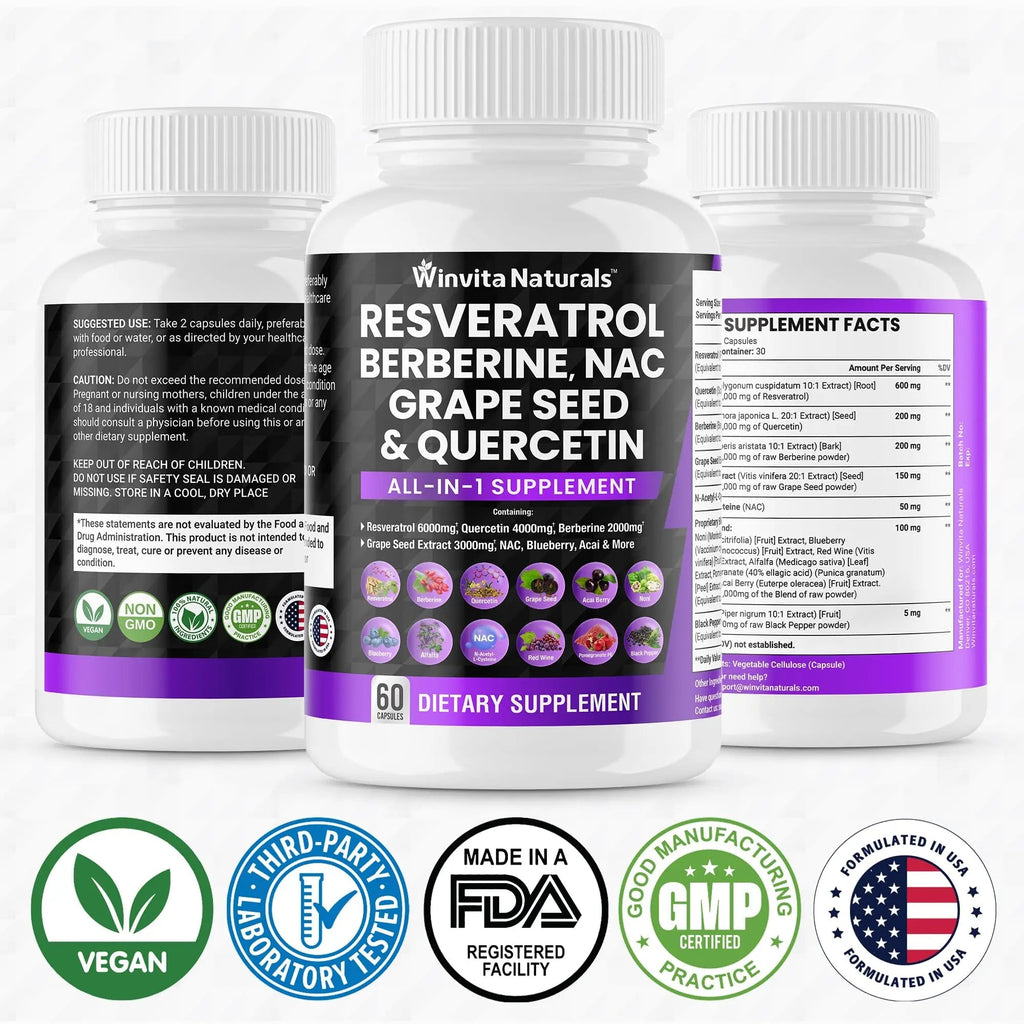 Resveratrol 6000mg Quercetin 4000mg Berberine 2000mg Grape Seed Extract 3000mg - TrustMedUSA