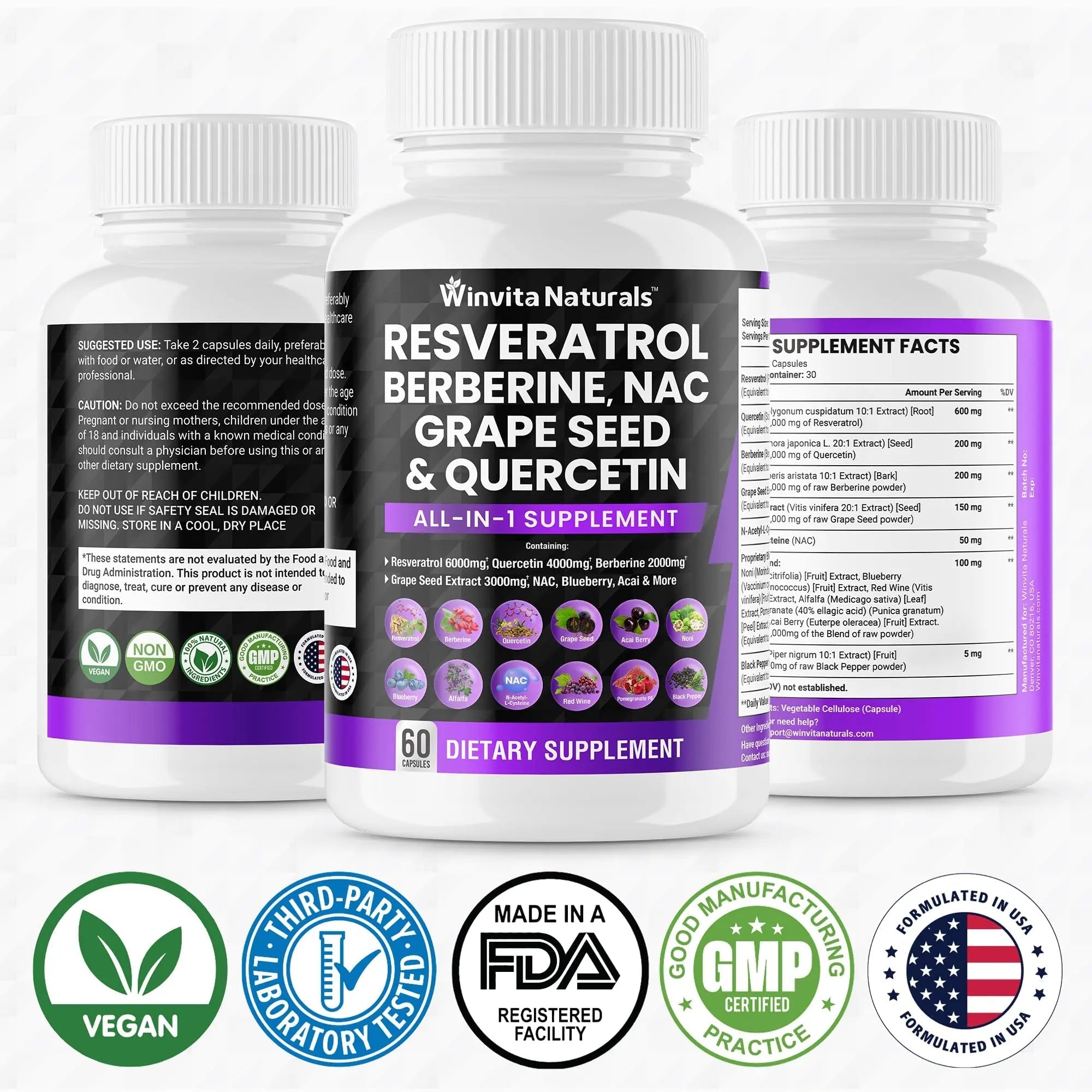 Resveratrol 6000mg Quercetin 4000mg Berberine 2000mg Grape Seed Extract 3000mg - TrustMedUSA