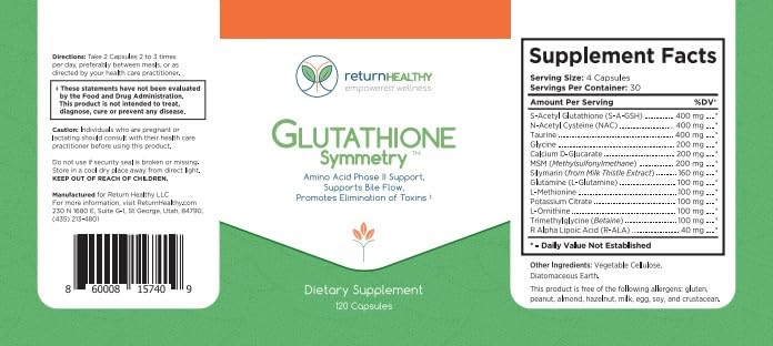 Return Healthy Glutathione Symmetry | S-Acetyl Glutathione Supplement | Antioxidants & Detoxification Supplement | Natural Cellular Support | All-Natural, Vegan, Non-GMO, 120 caps - TrustMedUSA