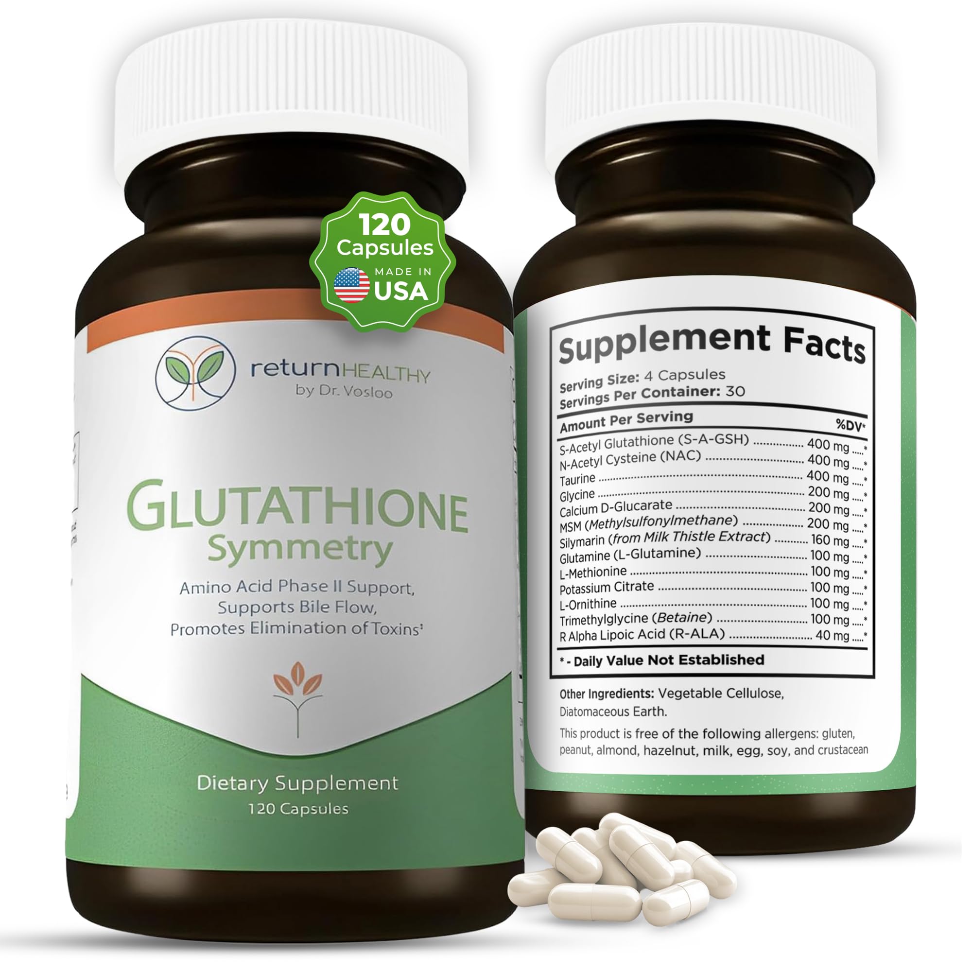 Return Healthy Glutathione Symmetry | S-Acetyl Glutathione Supplement | Antioxidants & Detoxification Supplement | Natural Cellular Support | All-Natural, Vegan, Non-GMO, 120 caps - TrustMedUSA