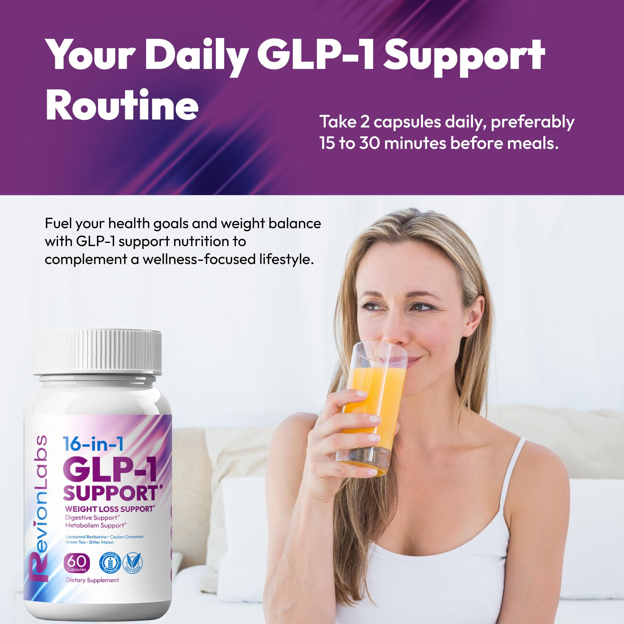 Revion LABS GLP-1 Support Weight Loss Supplement - Natural Appetite Suppressant for Women Men - Berberine Support Activate Hunger Control Curb Cravings Boost Metabolism Fat Burn & Gut Health - TrustMedUSA