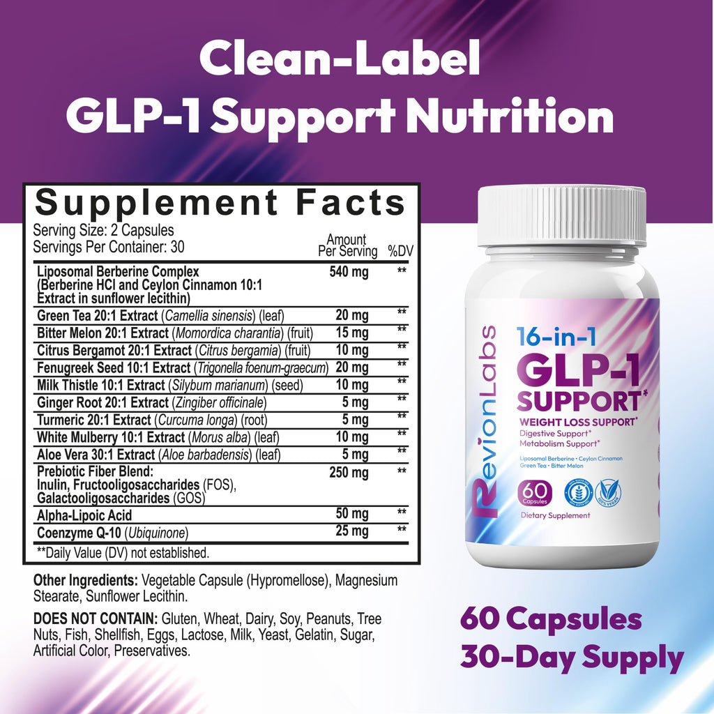 Revion LABS GLP-1 Support Weight Loss Supplement - Natural Appetite Suppressant for Women Men - Berberine Support Activate Hunger Control Curb Cravings Boost Metabolism Fat Burn & Gut Health - TrustMedUSA